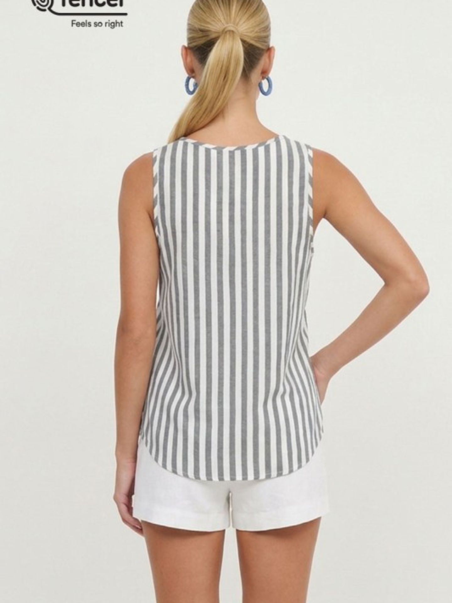 Mimi & Rae Clara Tencel striped tank top featuring blue and white horizontal stripes, sleeveless design, and relaxed fit.