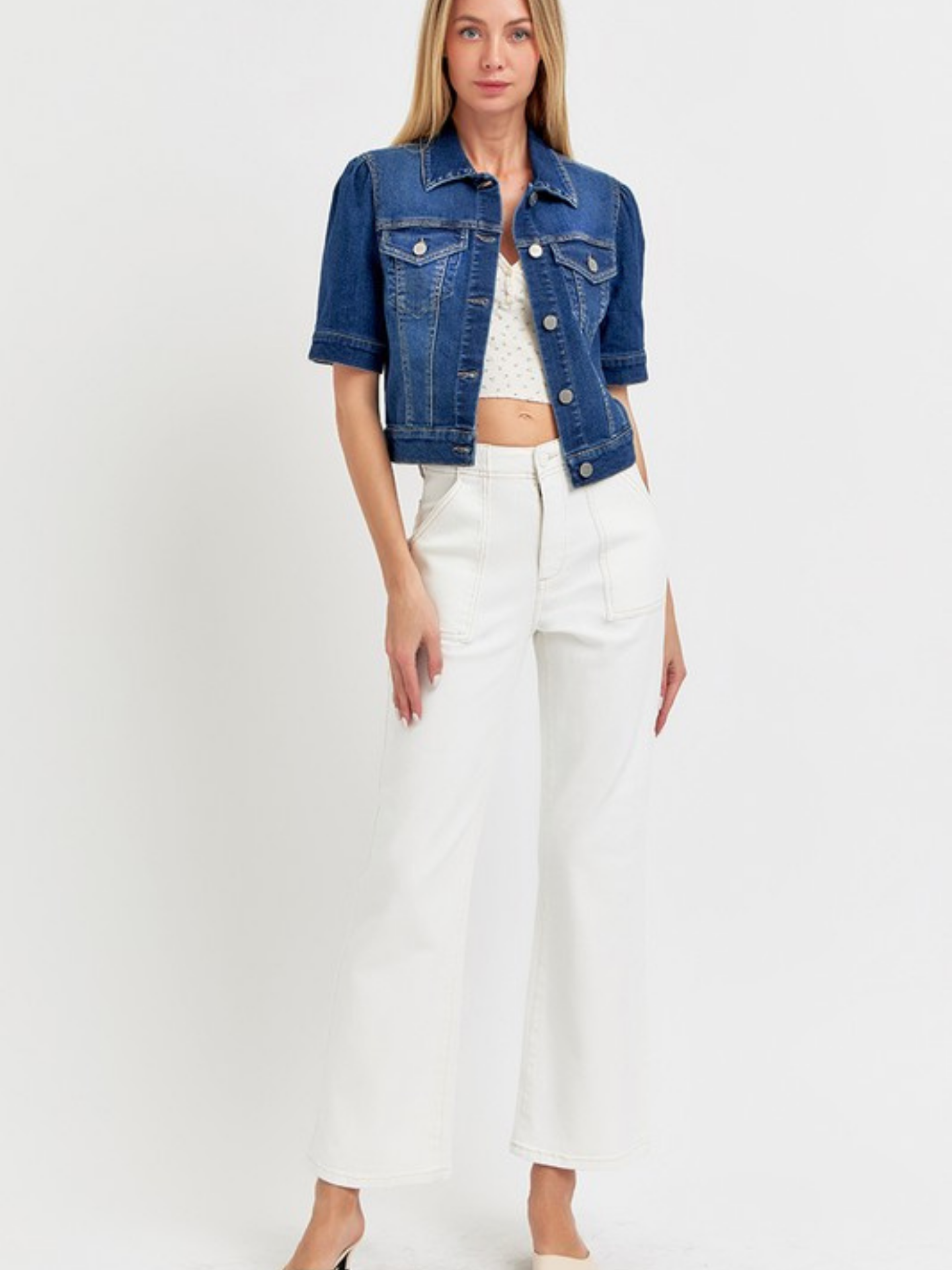 Mimi & Rae puff sleeve cropped jacket featuring a fitted design, long puffed sleeves, and a fashionable cropped silhouette.