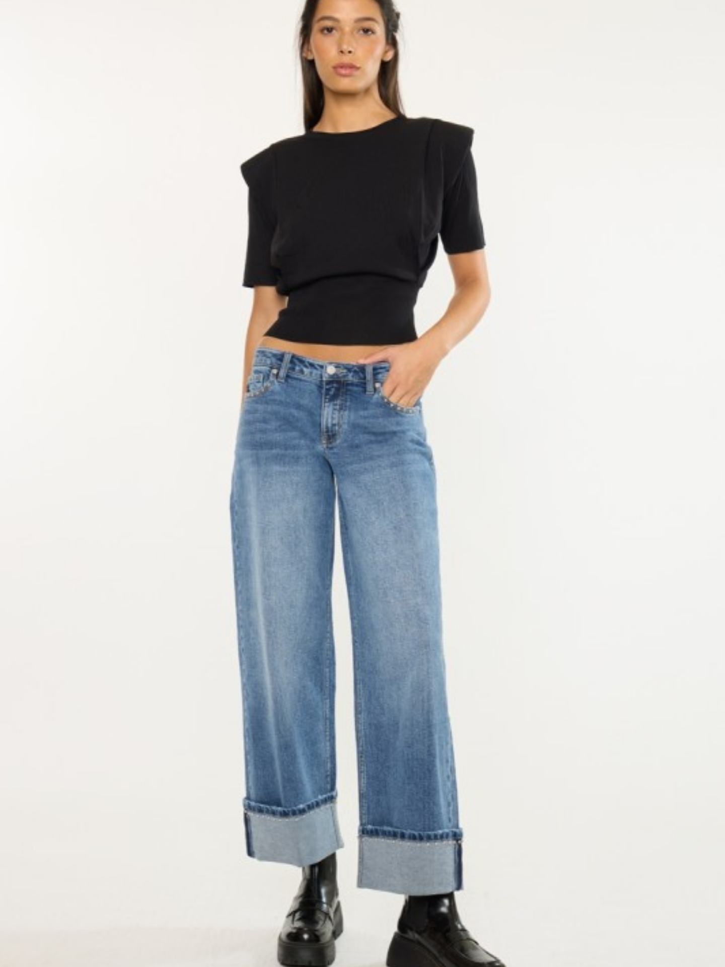 Mid Rise Studded Wide Denim - Mimi & Rae