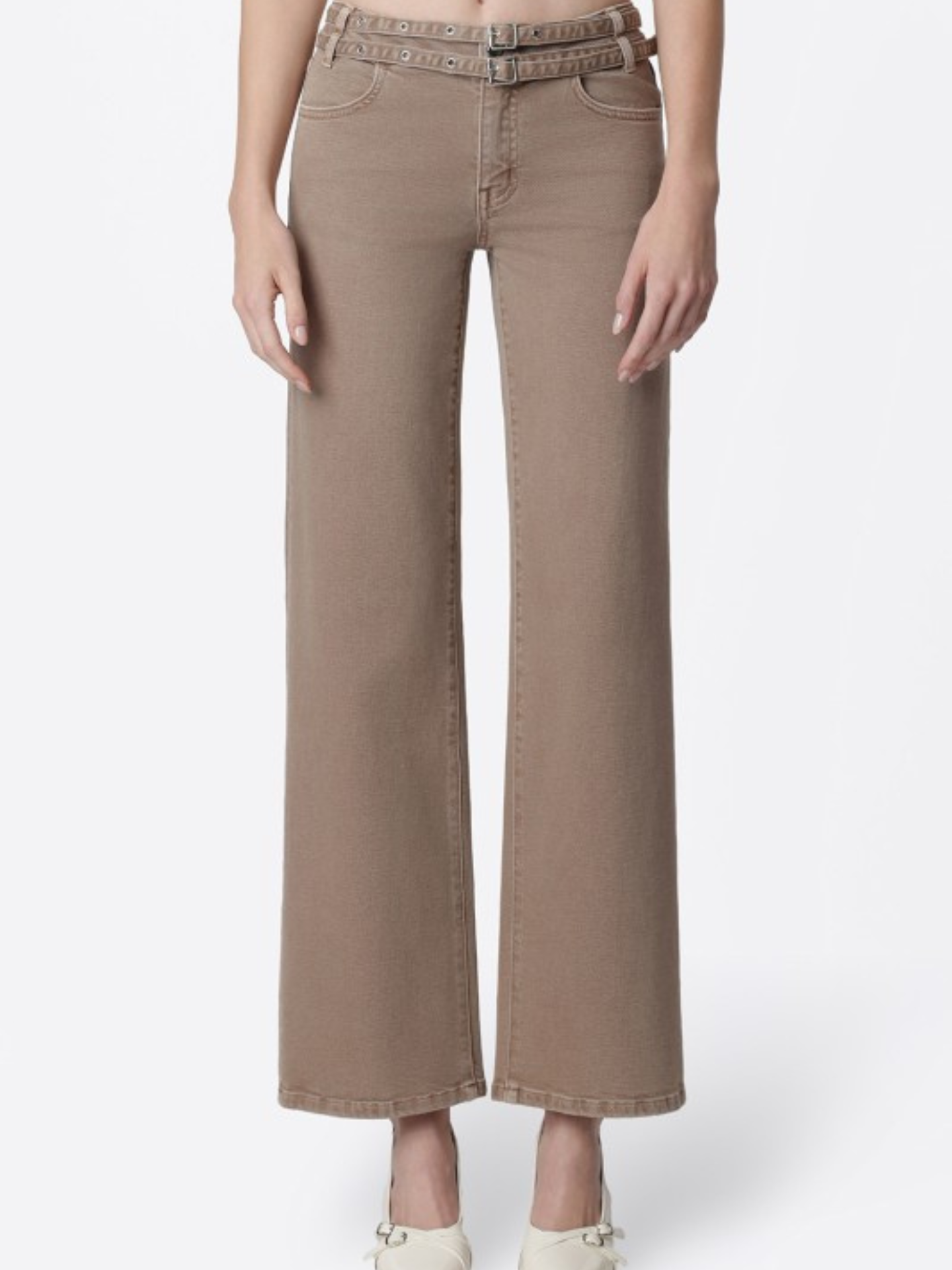 Double Belt Wide Leg Low Rise Denim