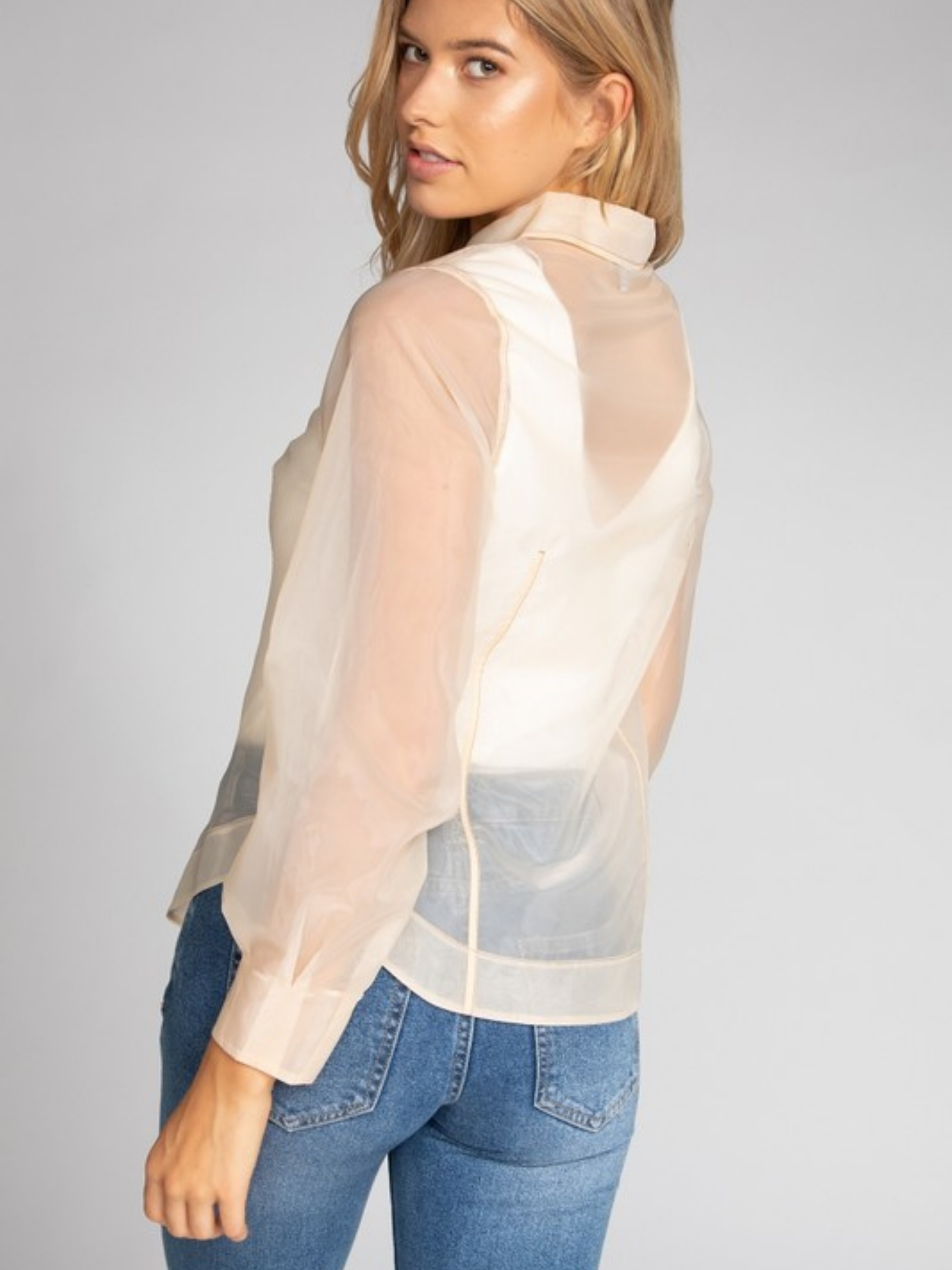 Mimi & Rae organza button-down blouse in sheer fabric with long sleeves and elegant collar detail.