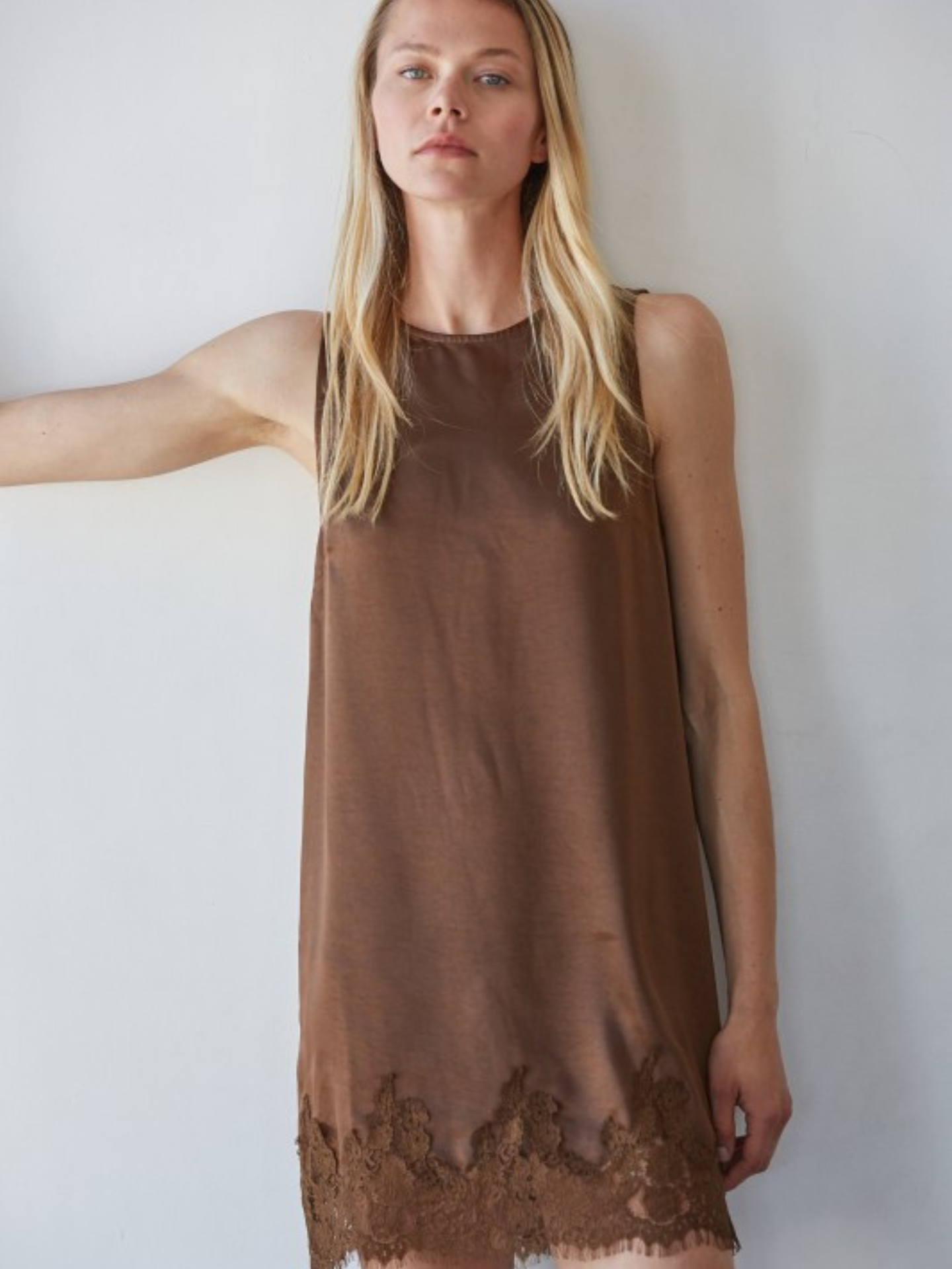 Brown Satin Lace Slip Dress