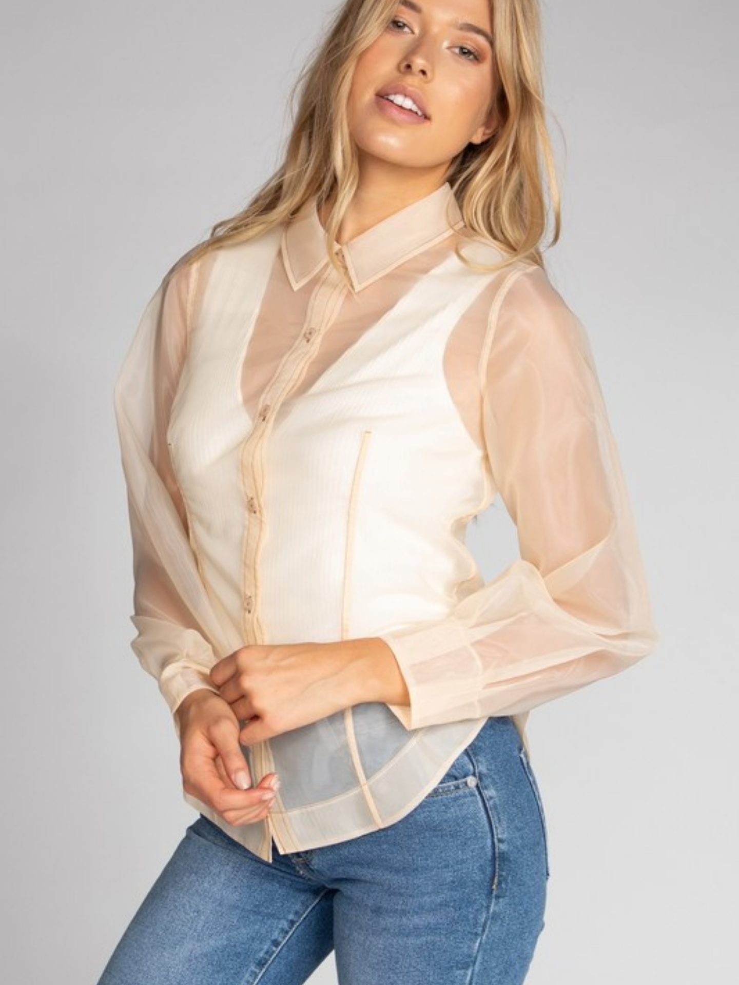 Mimi & Rae organza button-down shirt in sheer fabric with a classic collar and front button closure, stylish and lightweight.