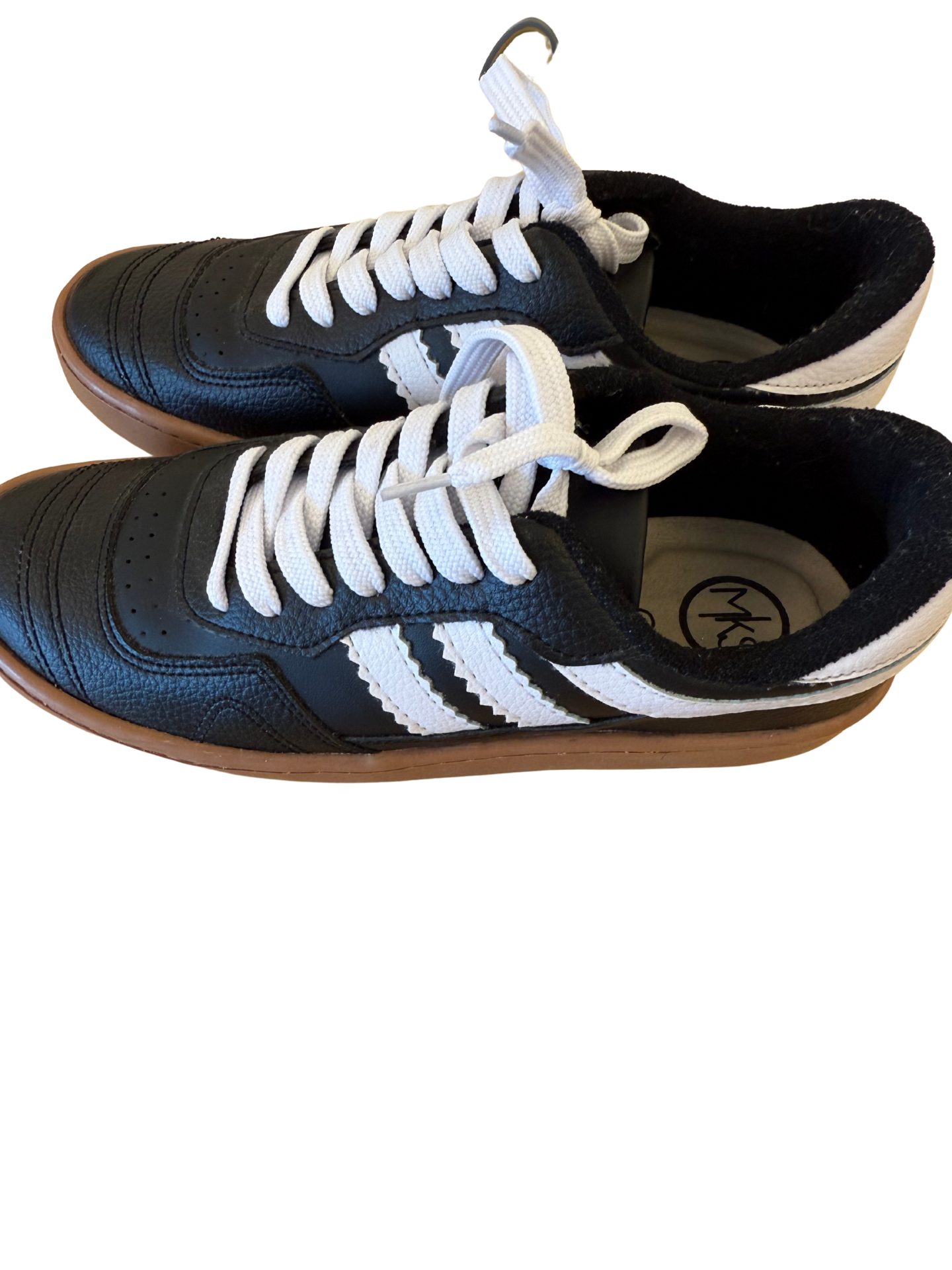 Pair of Mimi & Rae Two Stripe Sneakers with white and navy stripes, casual footwear for everyday wear.