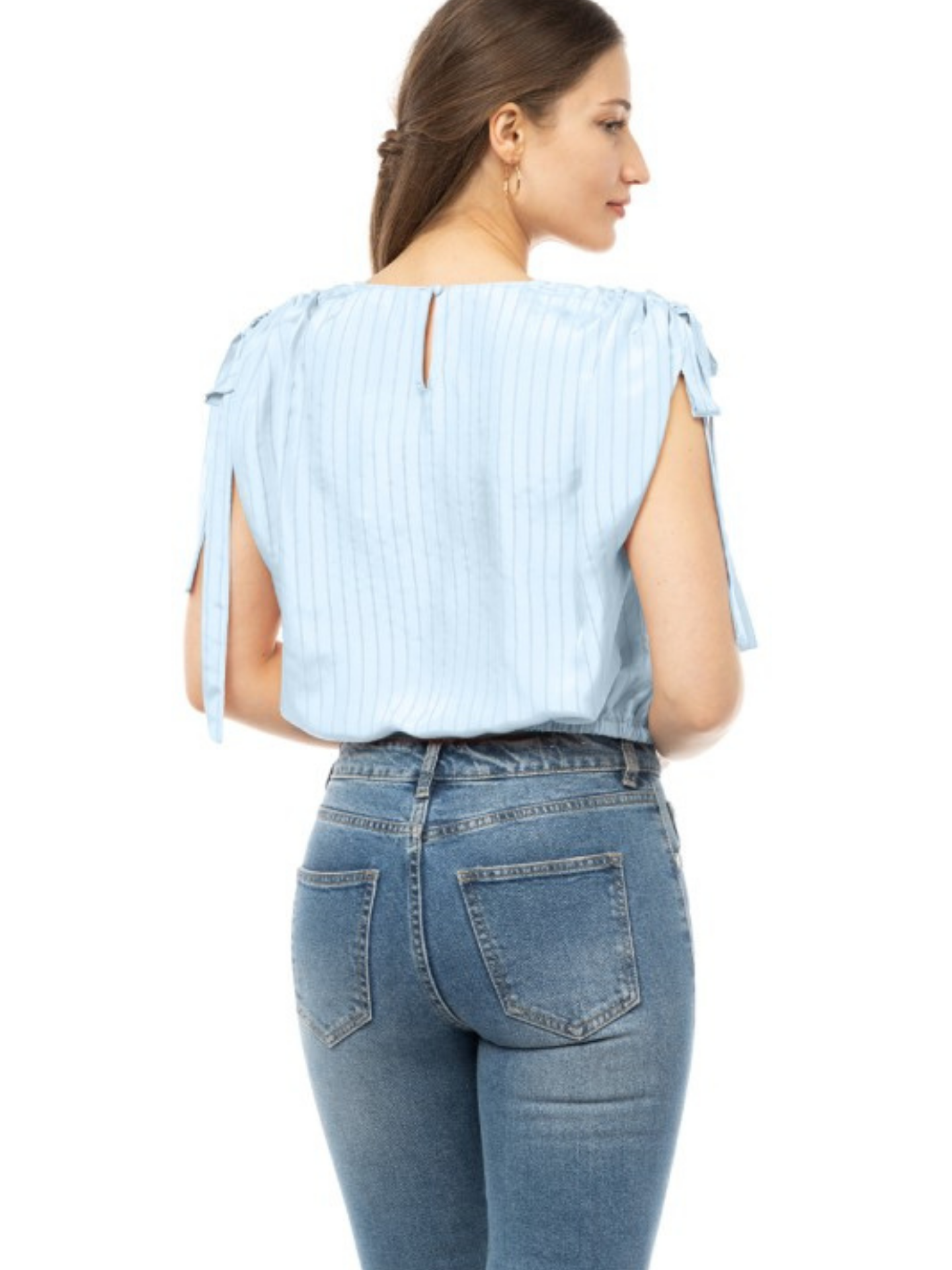 Mimi & Rae striped tie sleeve blouse featuring a relaxed fit, with bold horizontal stripes and stylish tie detail on the sleeves.