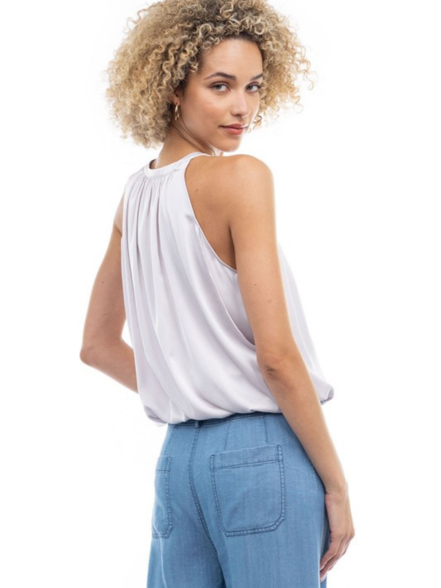 Mimi & Rae halter bubble top in soft fabric, featuring a fitted bodice and stylish halter neckline, perfect for casual wear.