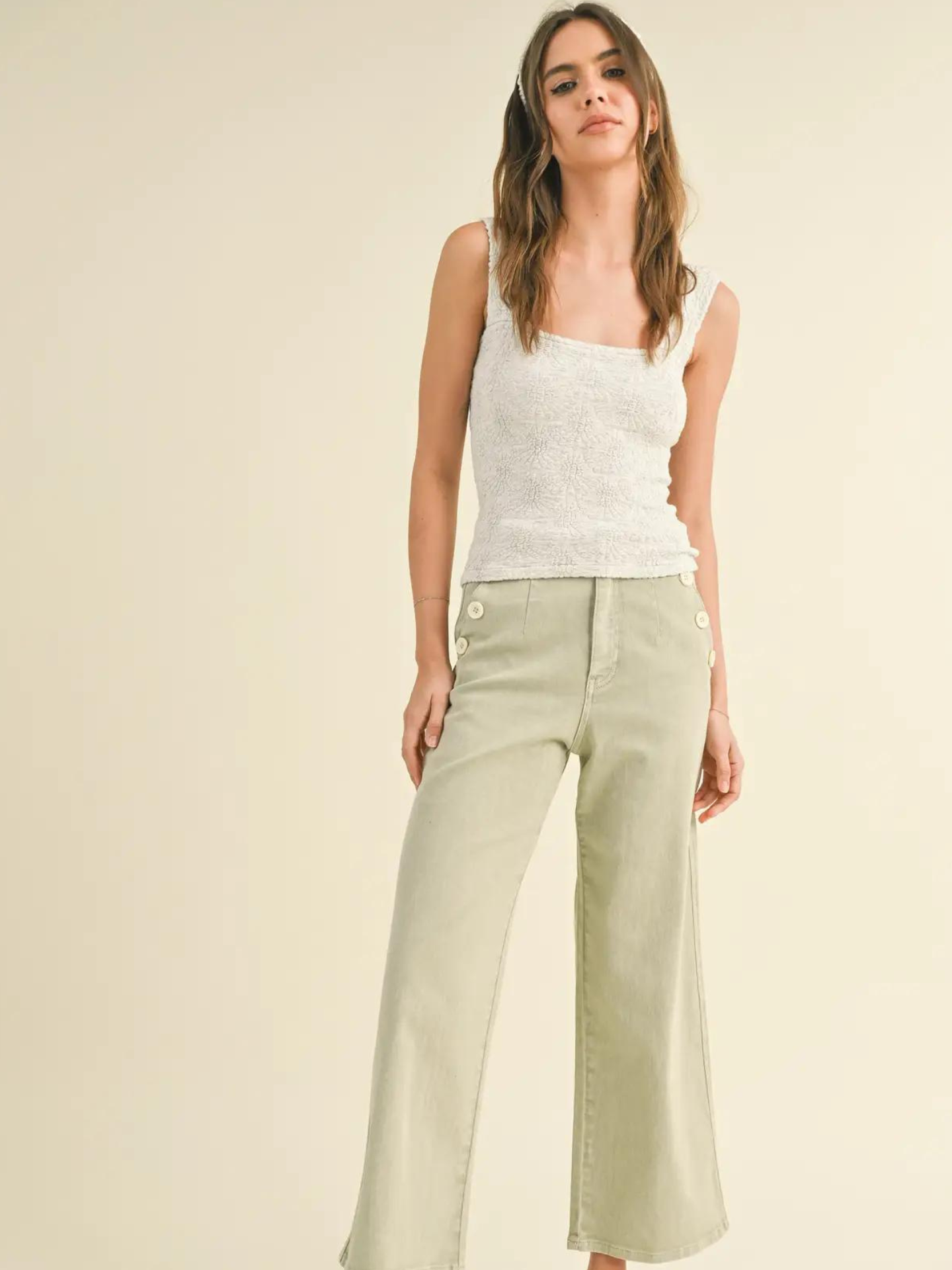 Sage Button Detail Jeans - Mimi & Rae