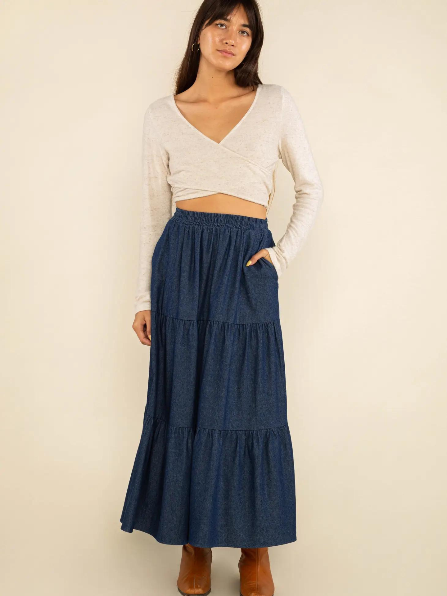 Tiered Denim Maxi Skirt