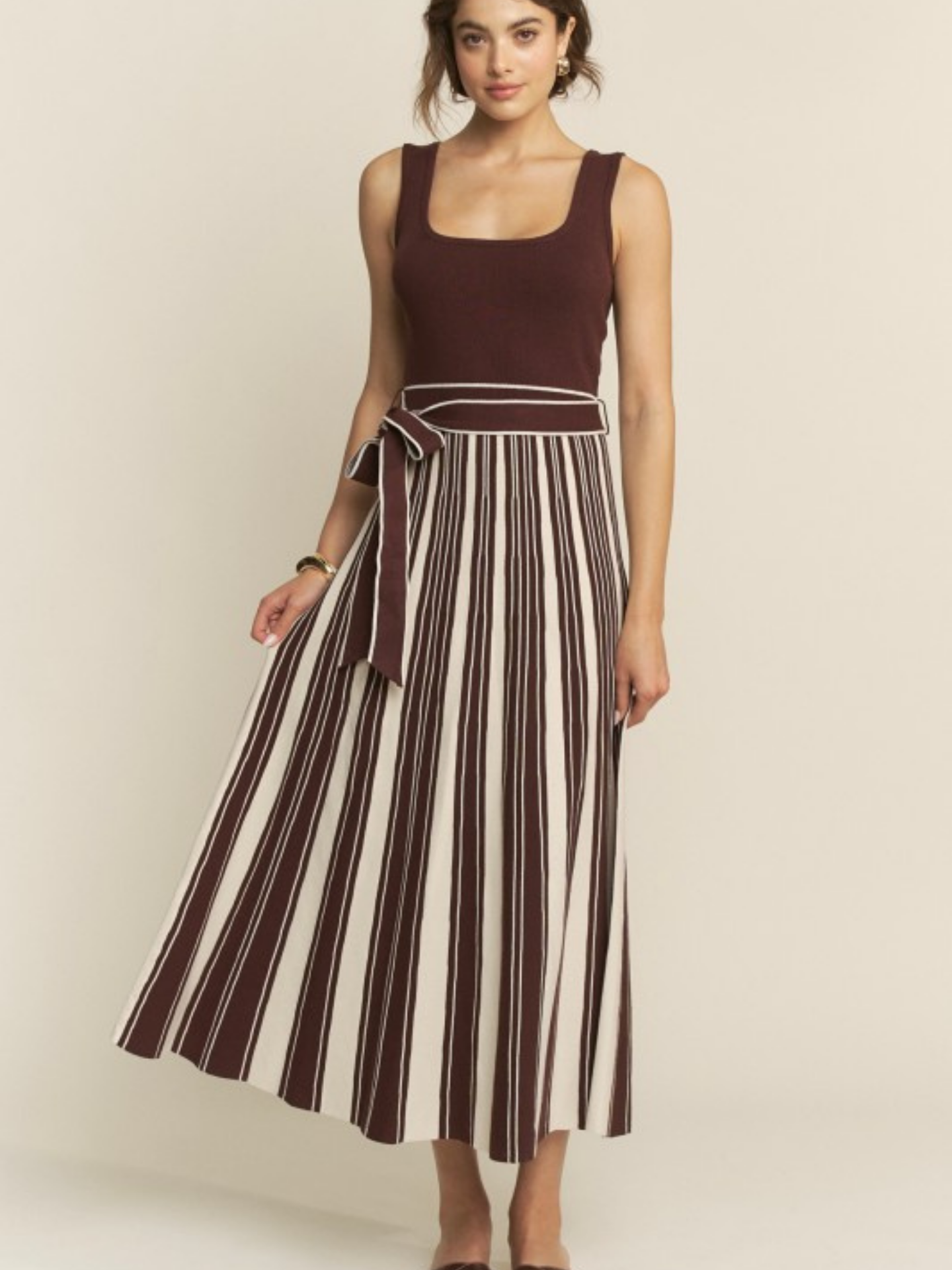 Mimi & Rae I Brown Knit and Striped Midi Tank Dress