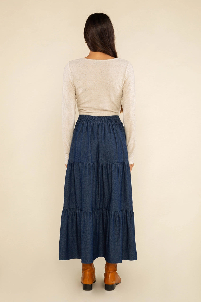 Tiered Denim Maxi Skirt