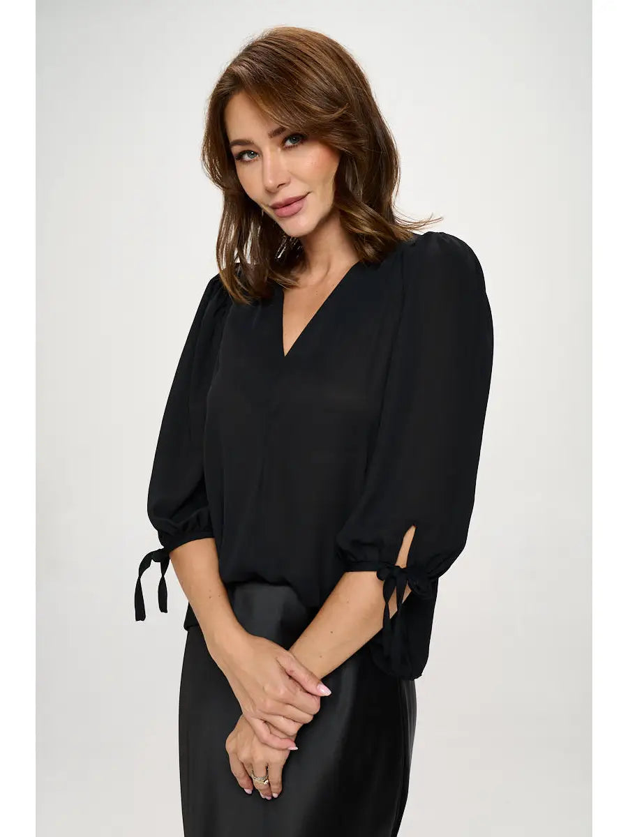 V-Neck Balloon Sleeve Blouse