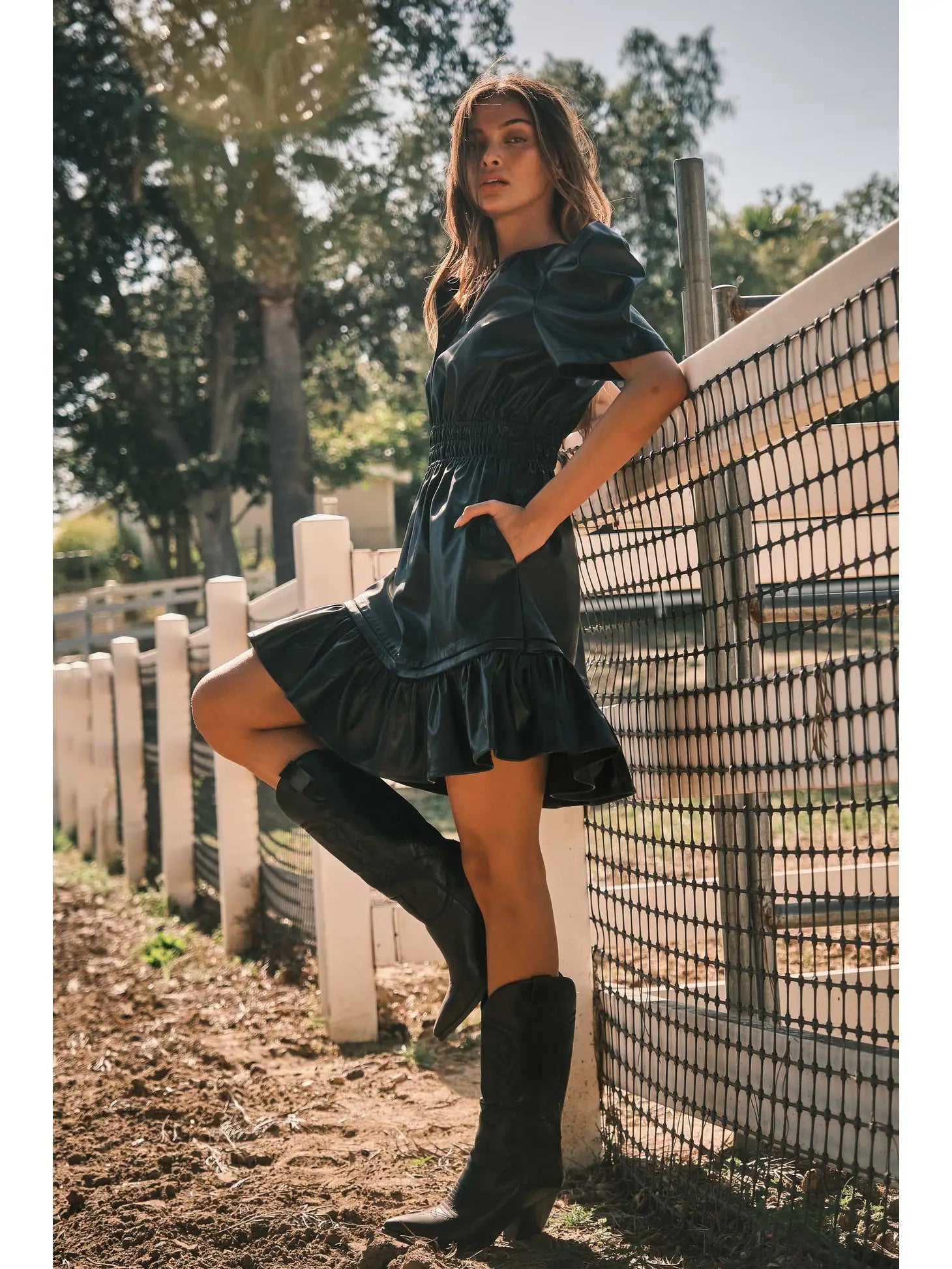 Faux Leather Puff Sleeve Mini Dress