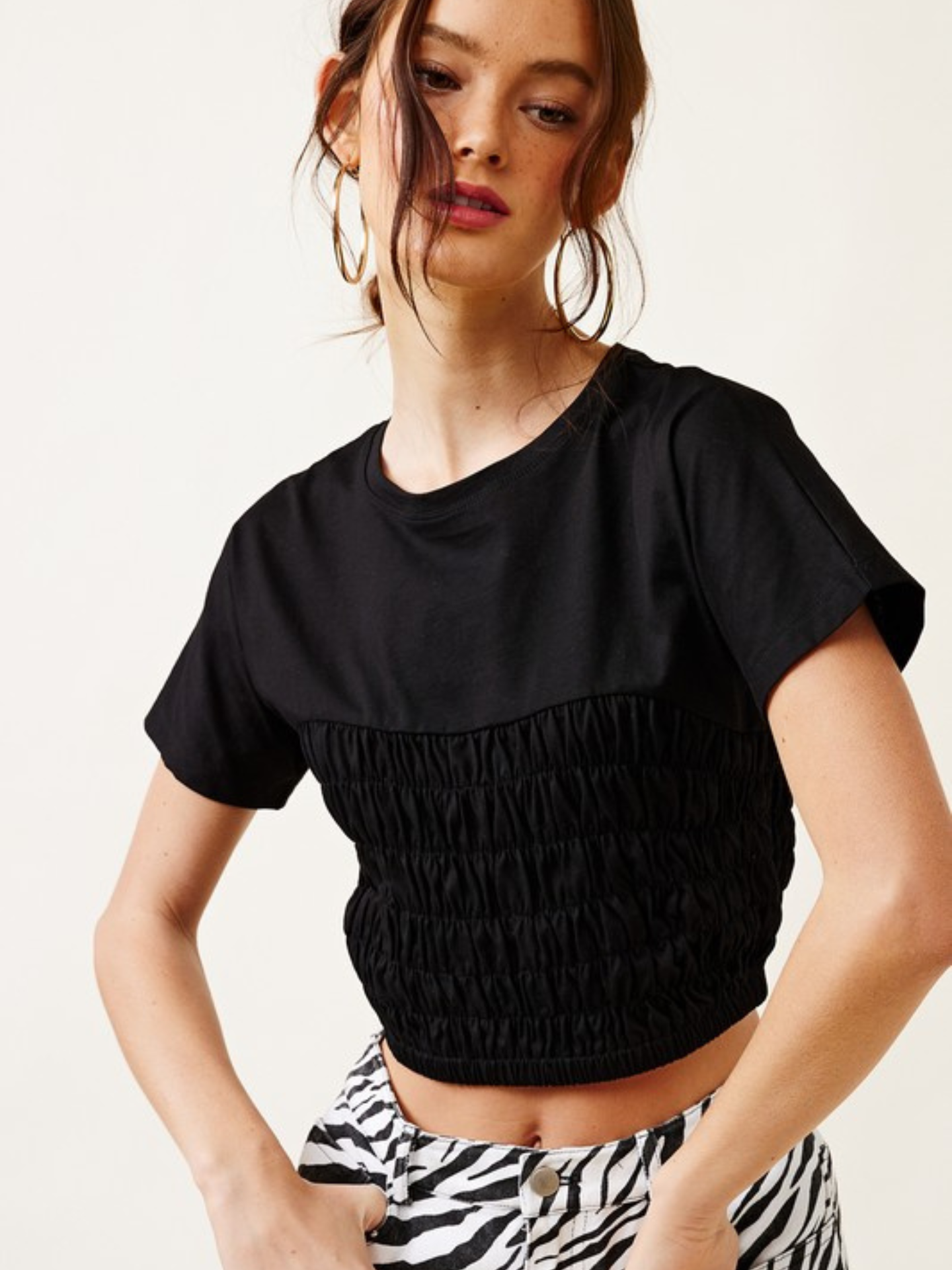 White June Ruched Waist Tee by Mimi & Rae, showcasing a casual top with ruched details and a relaxed fit.