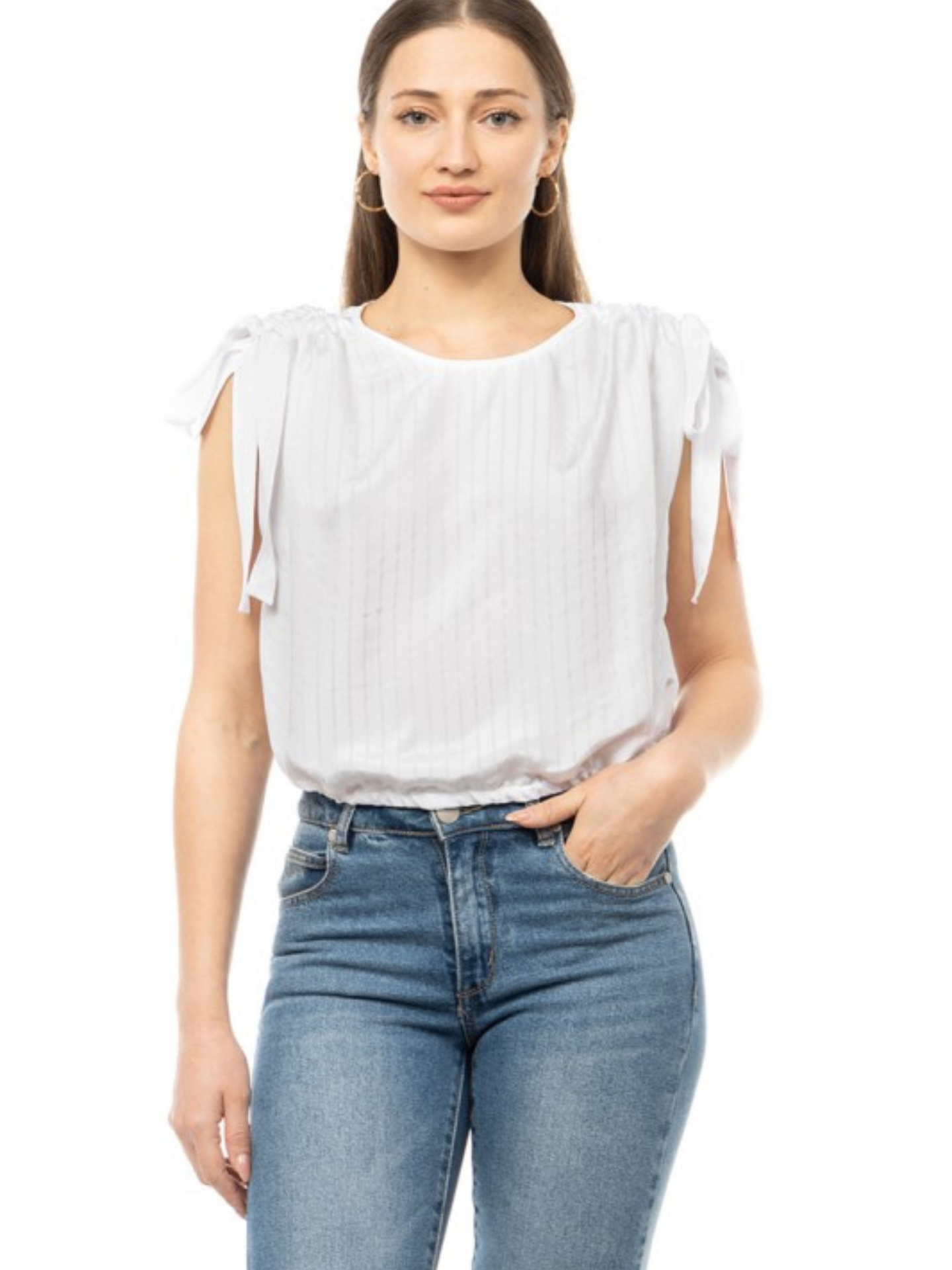 White striped tie-sleeve blouse by Mimi & Rae, featuring a relaxed fit and stylish tie details on the sleeves.