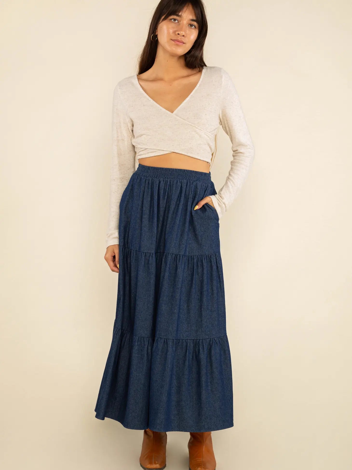 Tiered maxi denim skirt hot sale