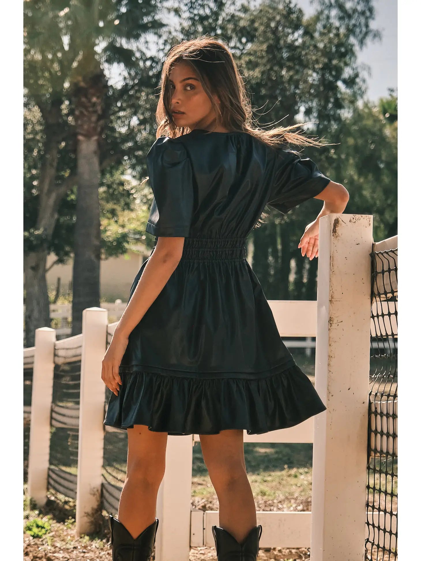 Faux Leather Puff Sleeve Mini Dress