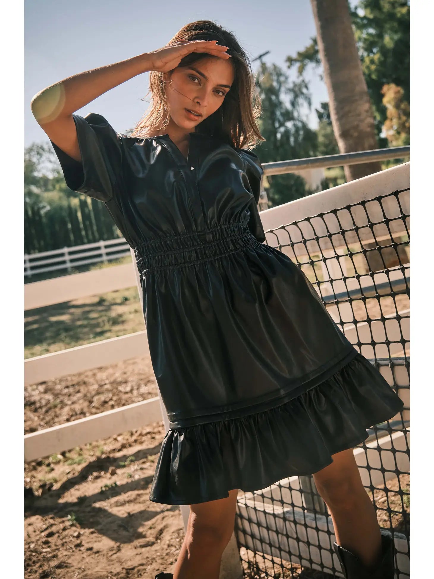 Leather puff sleeve sales dress