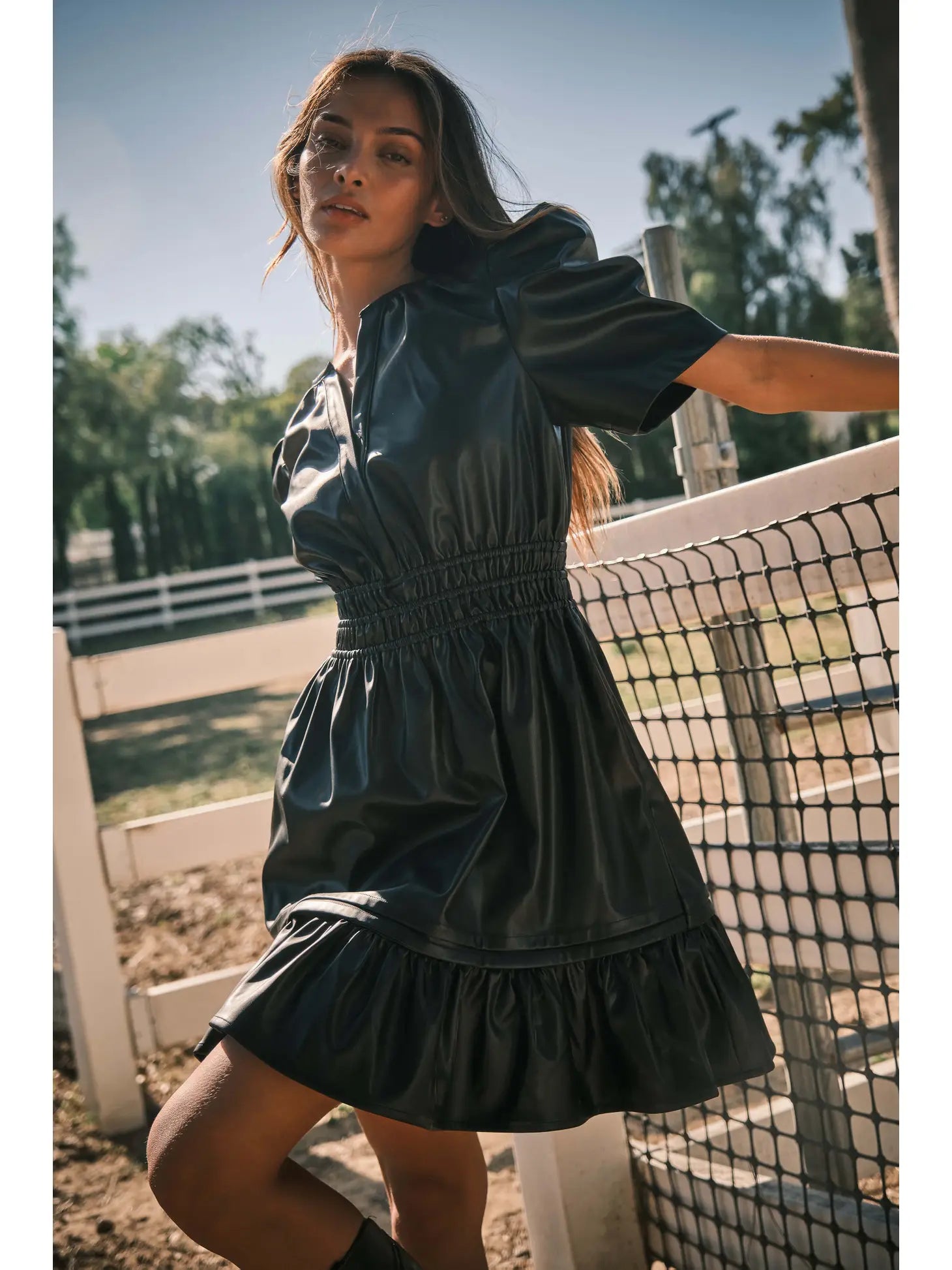 Faux Leather Puff Sleeve Mini Dress