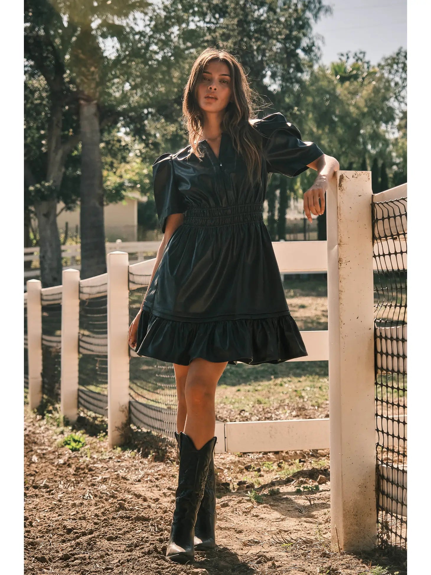 Faux Leather Puff Sleeve Mini Dress