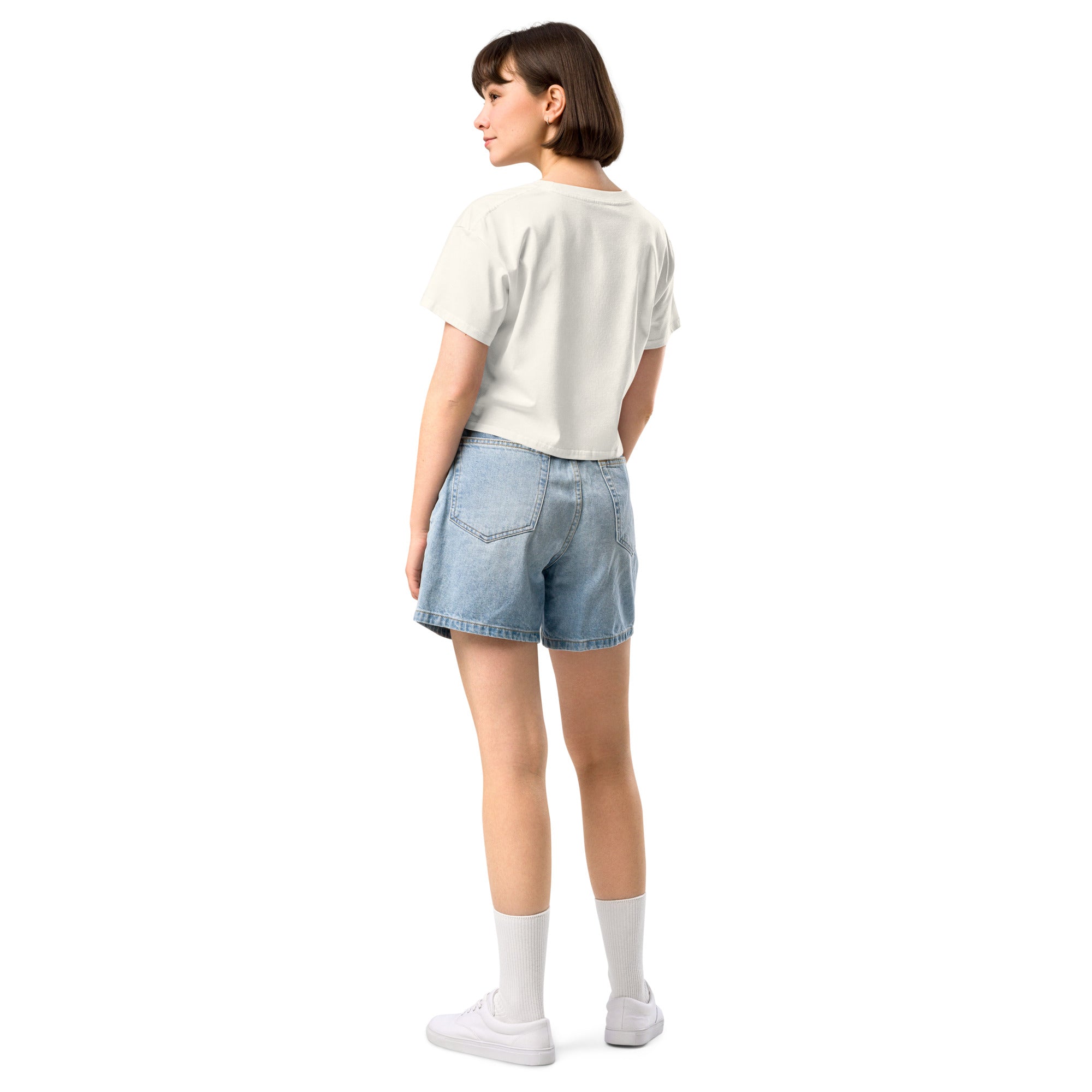 Ecru women's crop top by Mimi & Rae with a relaxed fit, featuring a back view and stylish design.
