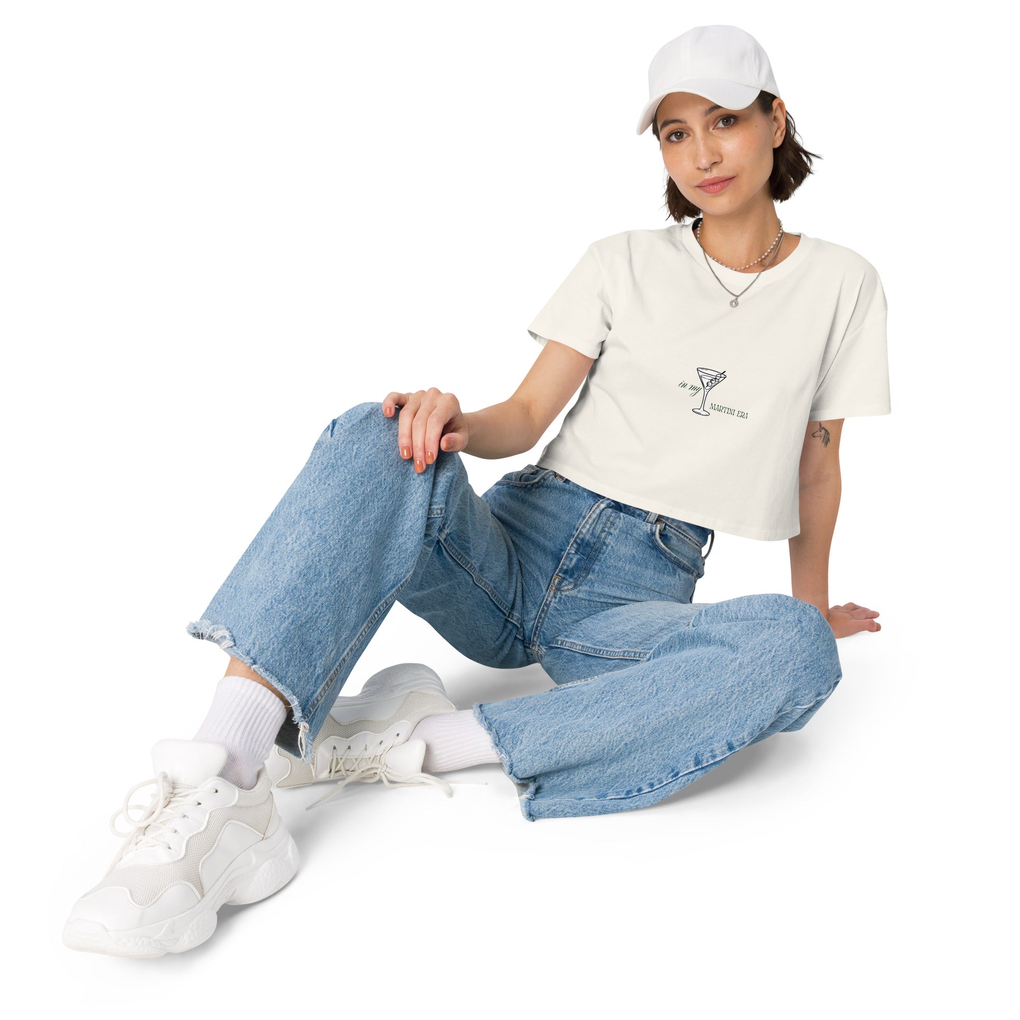 Ecru women's crop top Martini Tee by Mimi & Rae, front view showing short sleeves and relaxed fit.