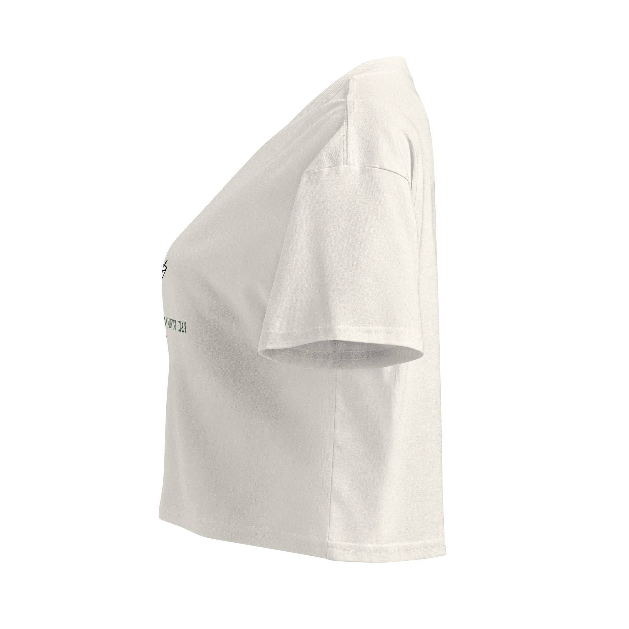 Ecru women's crop top called Martini Tee by Mimi & Rae, featuring a relaxed fit and casual style.