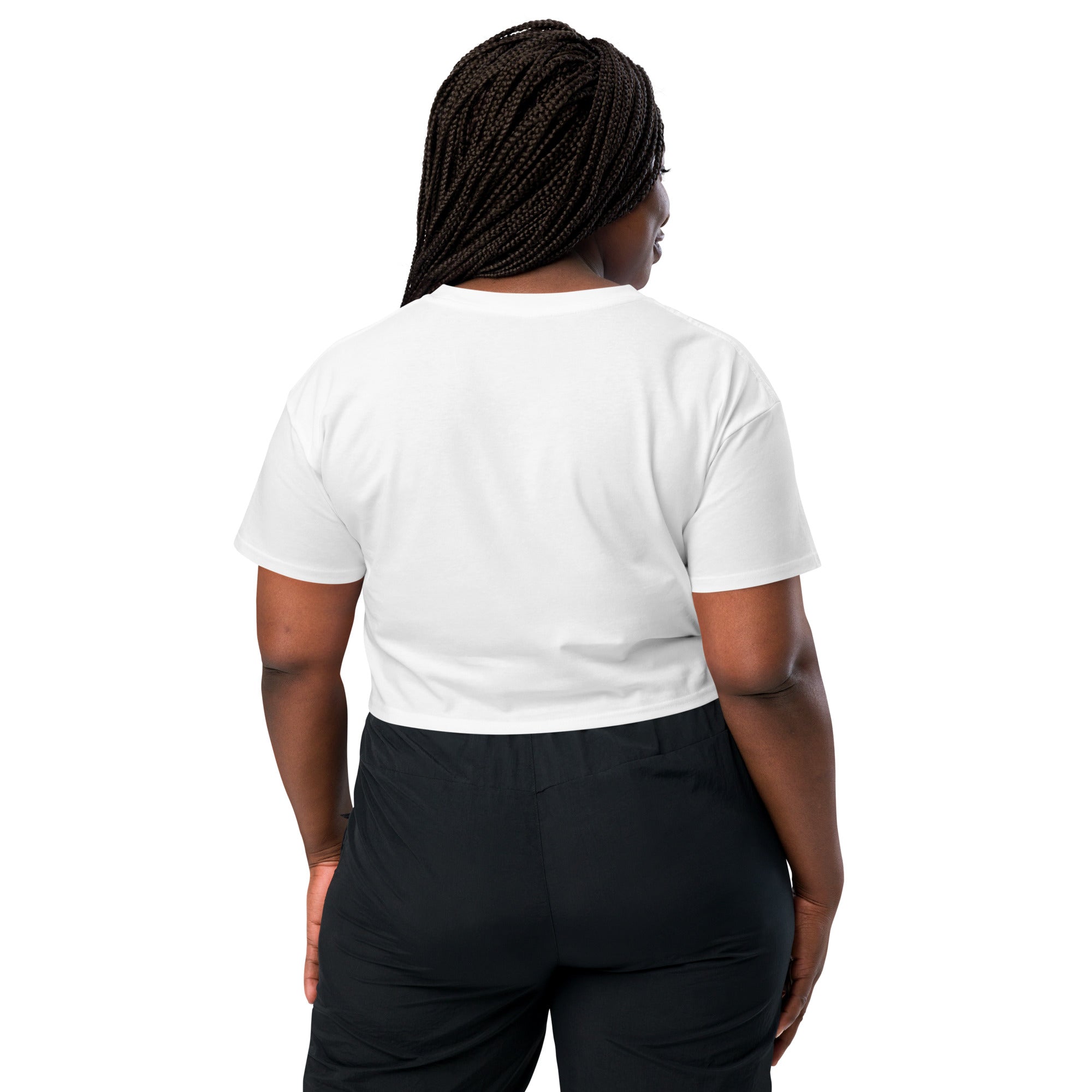 White women's crop top featuring the Mimi & Rae logo on the back, stylish apparel for casual wear.