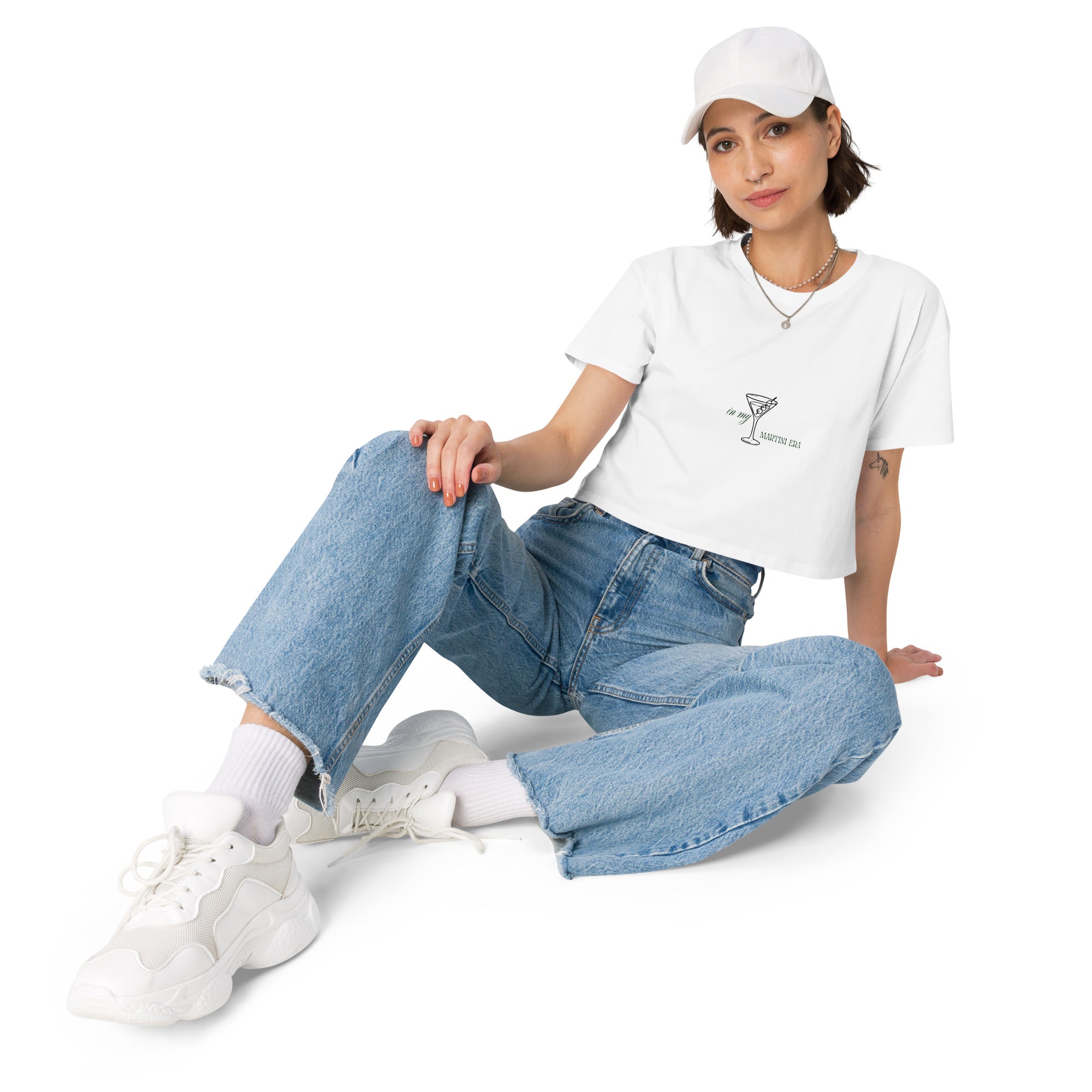 White women's Crop Top Martini Tee by Mimi & Rae, front view showing fitted design and soft fabric.