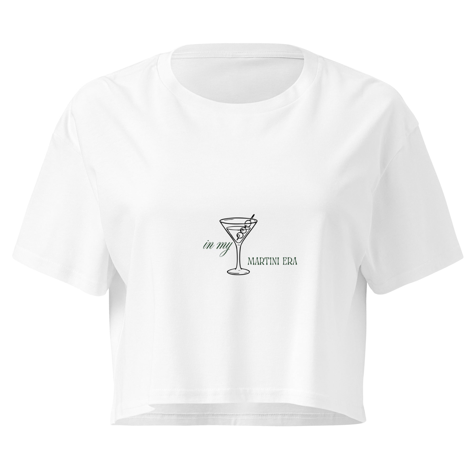 White women's crop top called Martini Tee by Mimi & Rae, front view showing fitted style and scoop neckline.