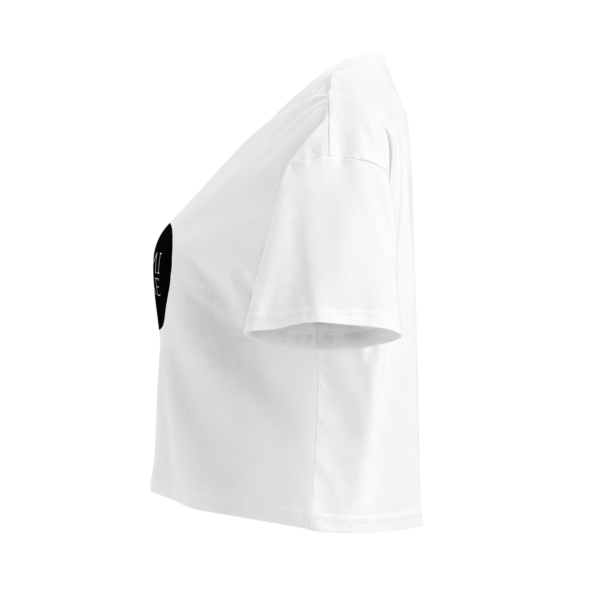 White women's crop top featuring the Mimi & Rae logo, casual apparel with a relaxed fit and stylish design.