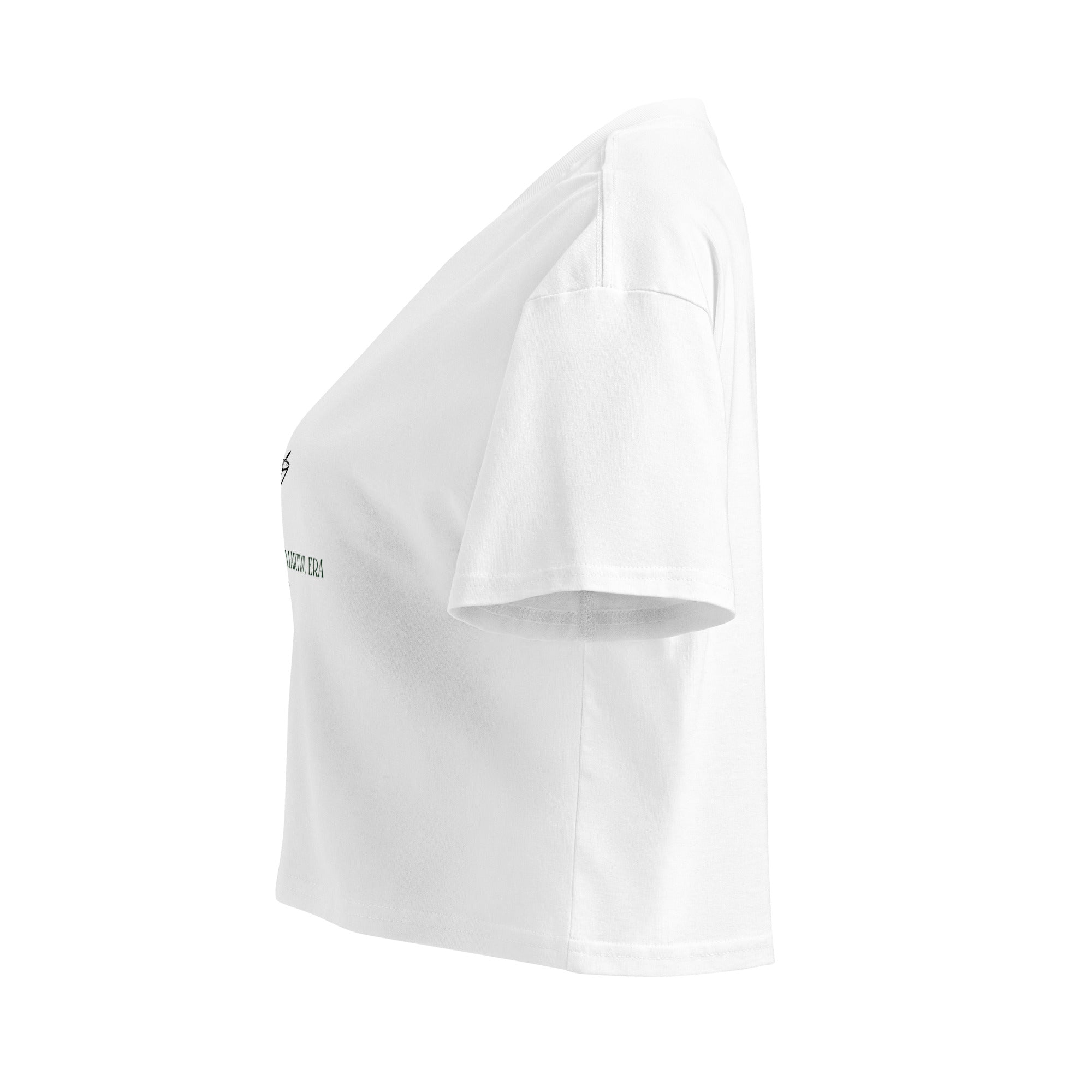 White women's crop top featuring a Martini Tee design by Mimi & Rae, styled with a scoop neckline and short sleeves.
