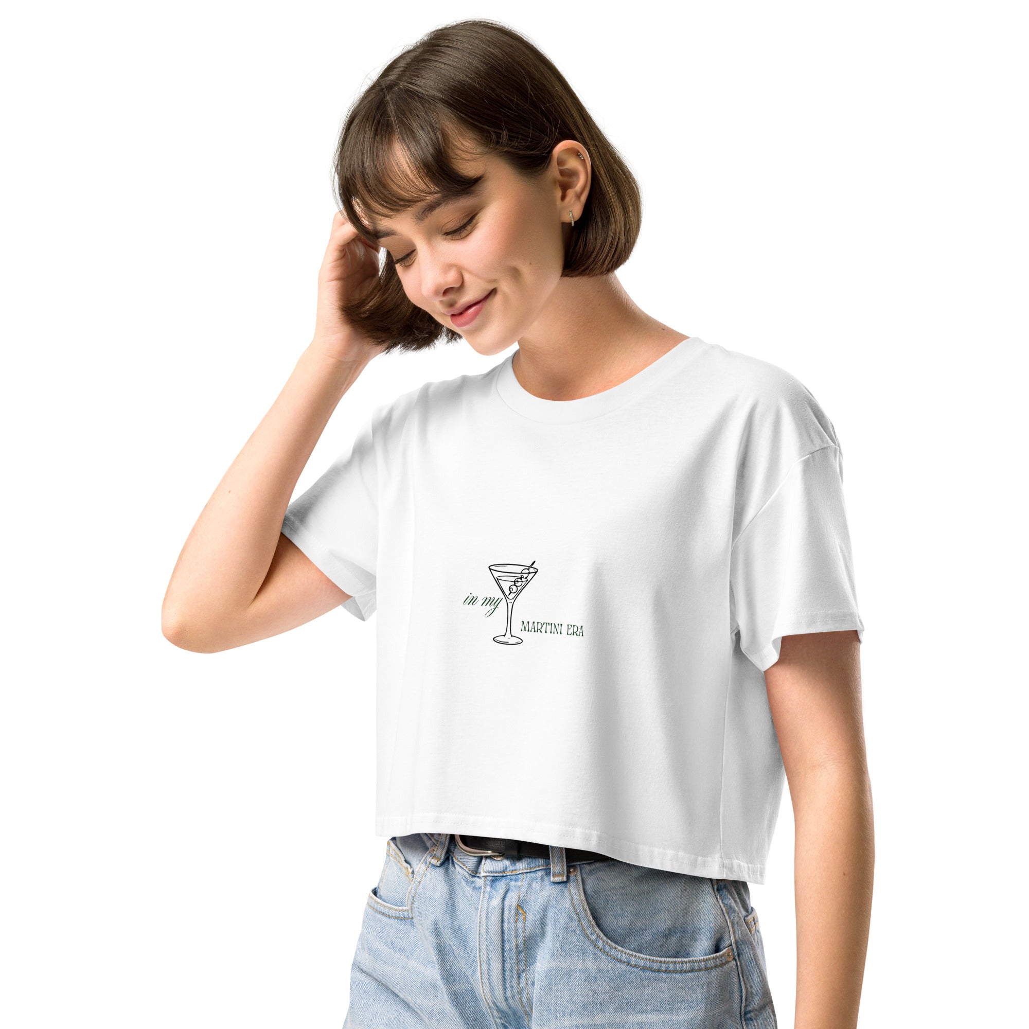 White women's crop top "Martini Tee" by Mimi & Rae, front view showing a casual fit and stylish design.