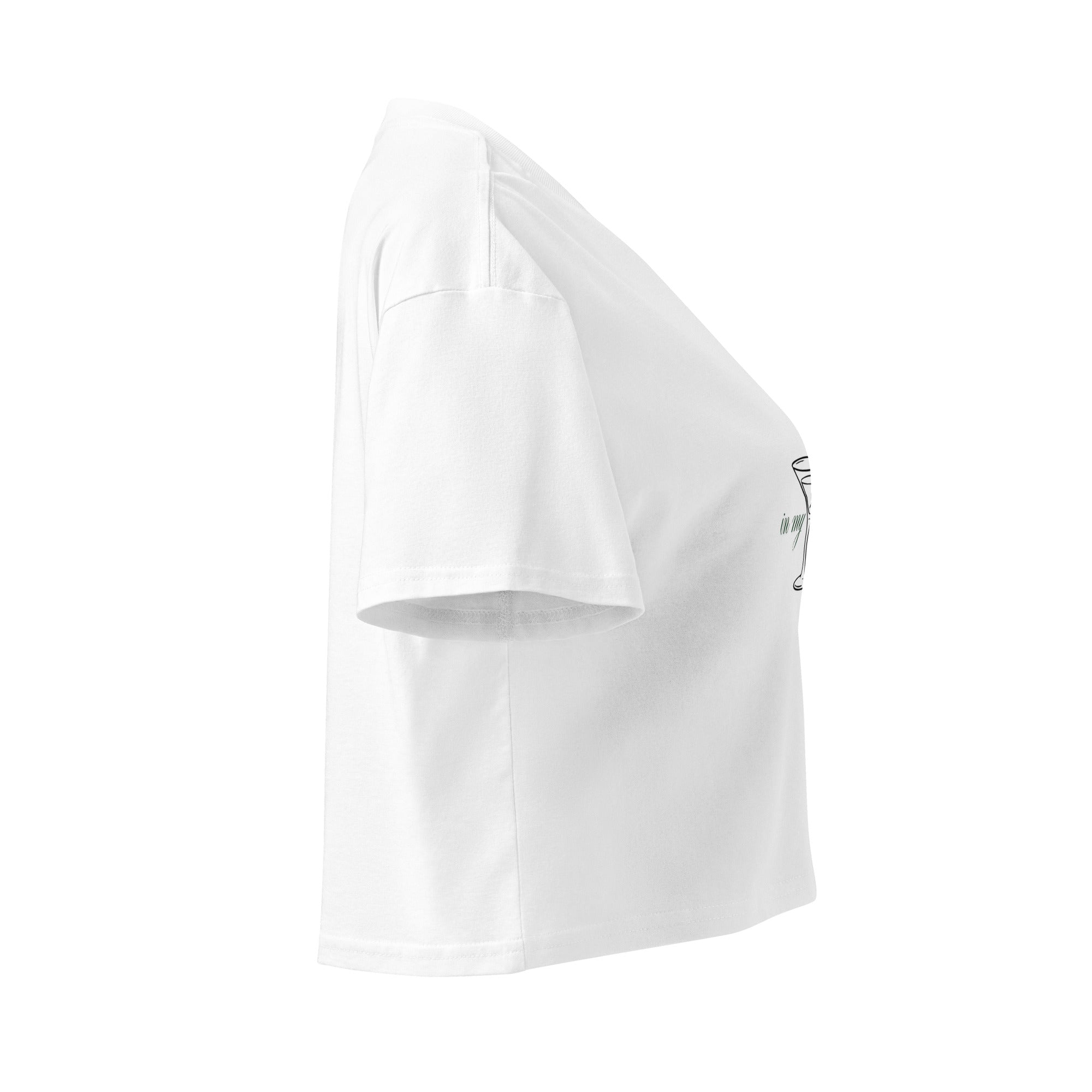 White women's crop top called Martini Tee by Mimi & Rae, shown from the right side.