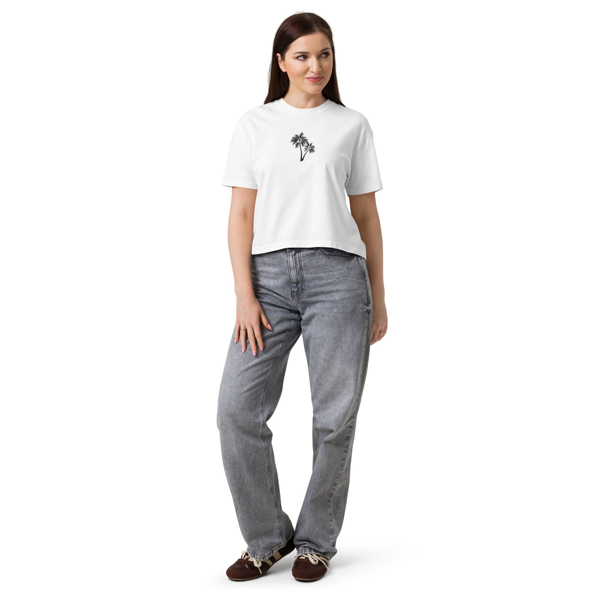 White women's heavyweight boxy T-shirt with palm tree graphic by Mimi & Rae, front view showing relaxed fit and casual style.