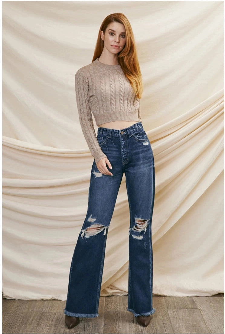 90’S Ultra High Rise Fray Hem Flare in Dark