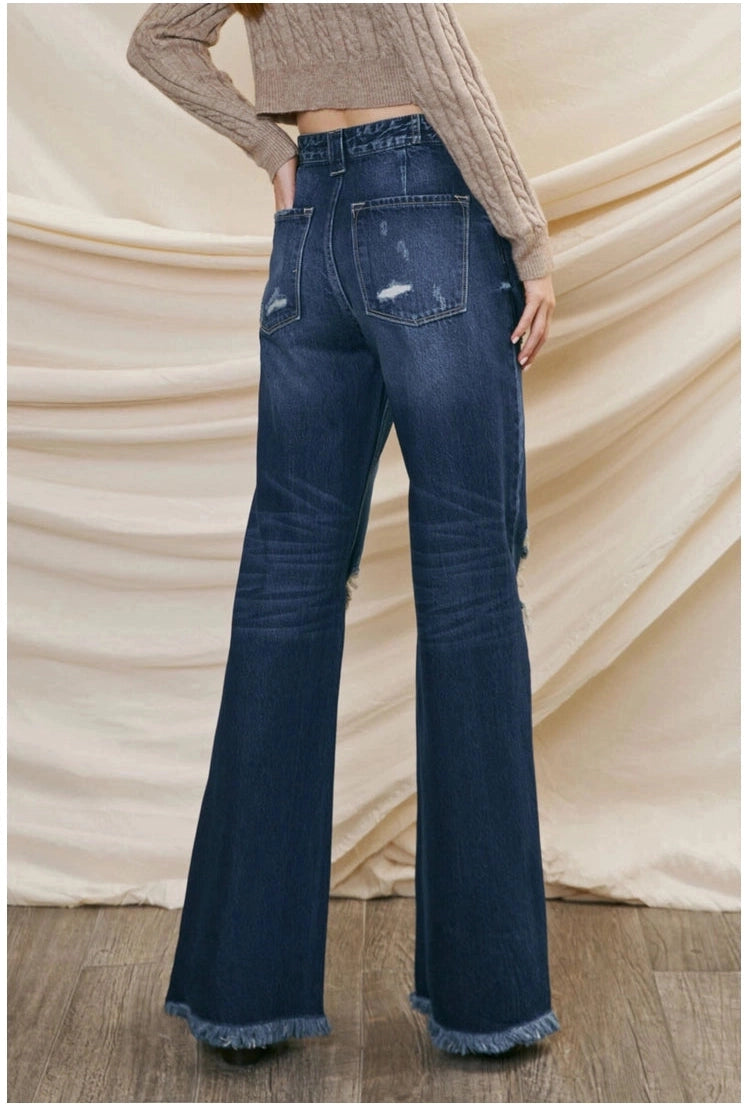 90’S Ultra High Rise Fray Hem Flare in Dark