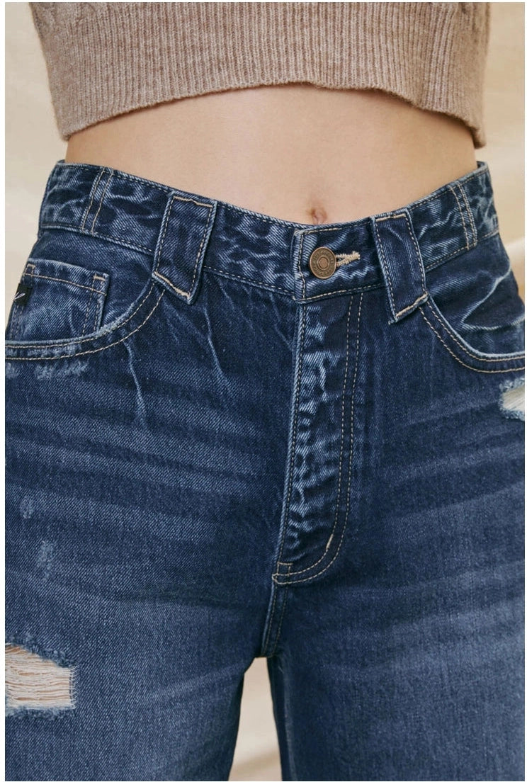 90’S Ultra High Rise Fray Hem Flare in Dark
