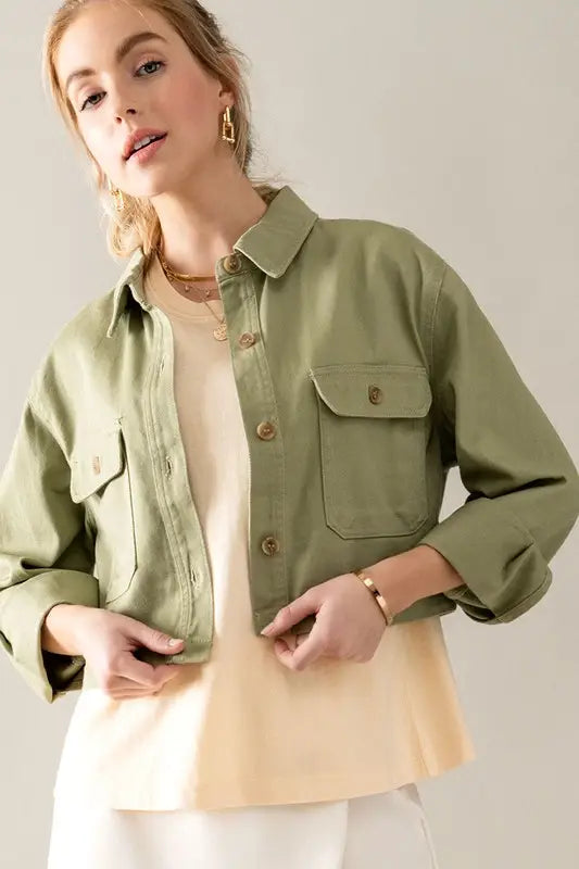 Cropped Denim Jacket in Green