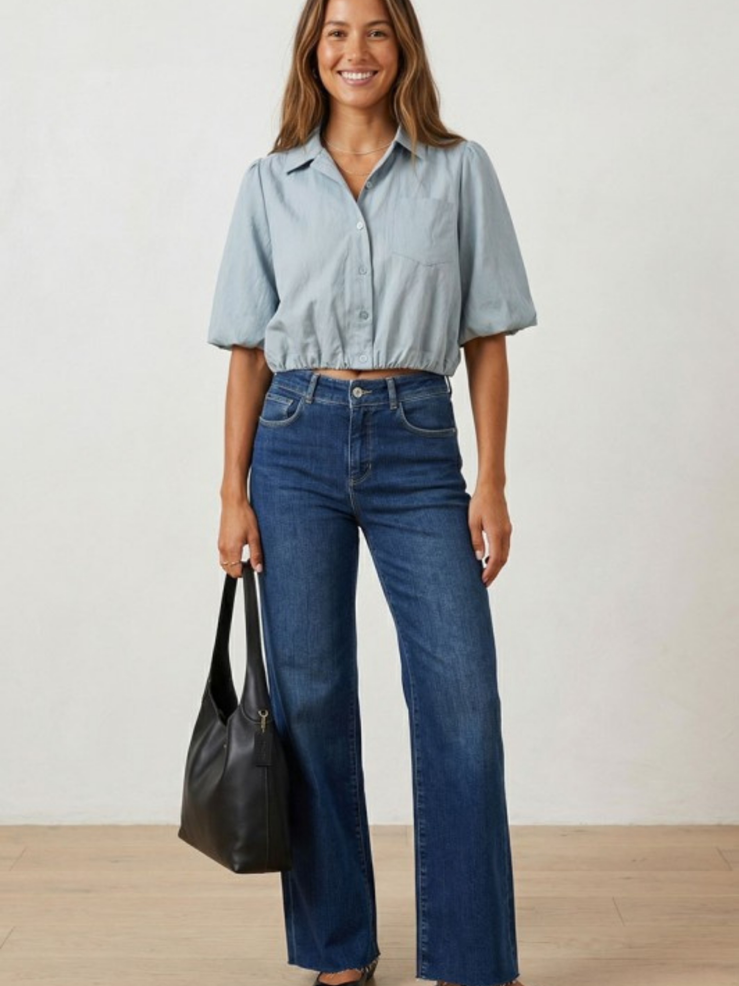 Mimi & Rae bubble cropped button-down shirt with puffed sleeves and classic collar, displayed flat on a white background.