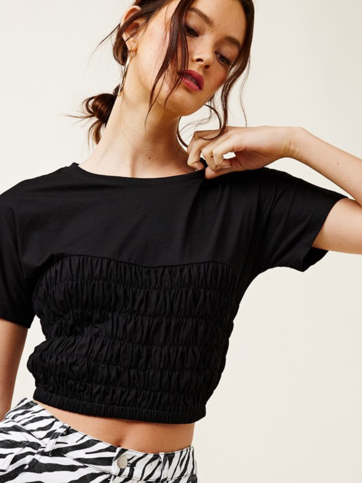 Mimi & Rae June ruched waist tee in soft fabric, featuring a fitted design and ruched details at the waist.