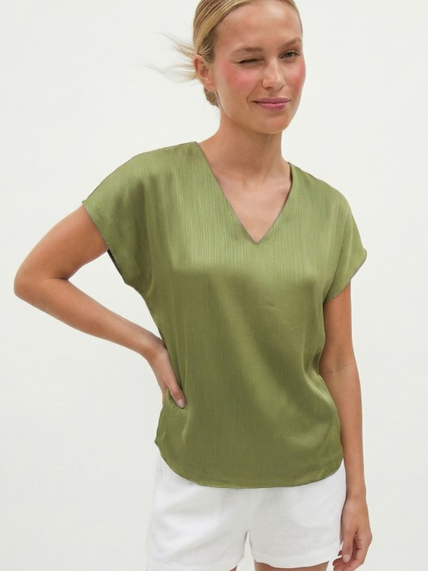 Mimi & Rae Jane Crinkle Satin Blouse in soft satin fabric with a relaxed fit and elegant design.