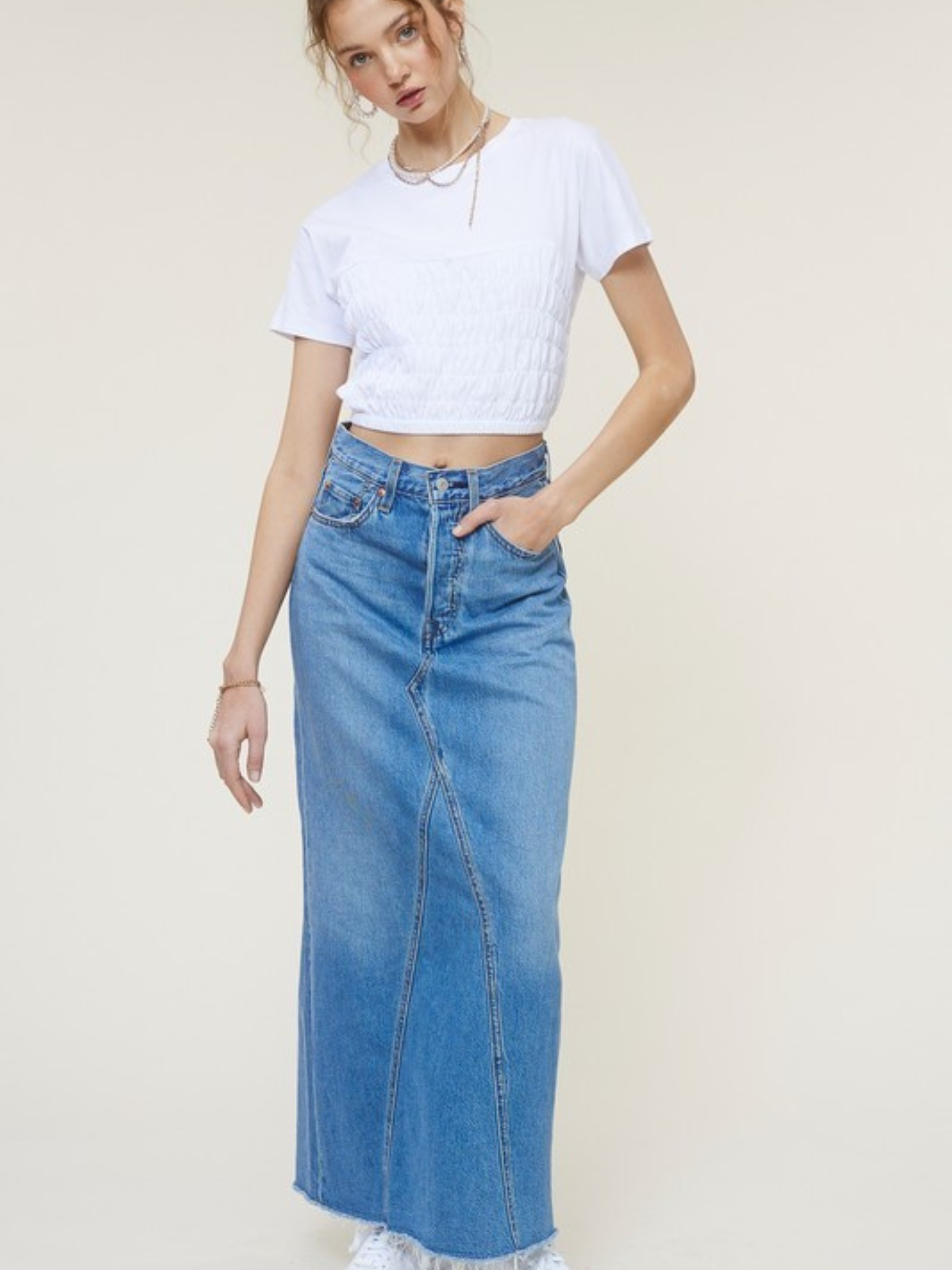 Mimi & Rae June Ruched Waist Tee in soft fabric, featuring a relaxed fit with ruched detailing at the waist.