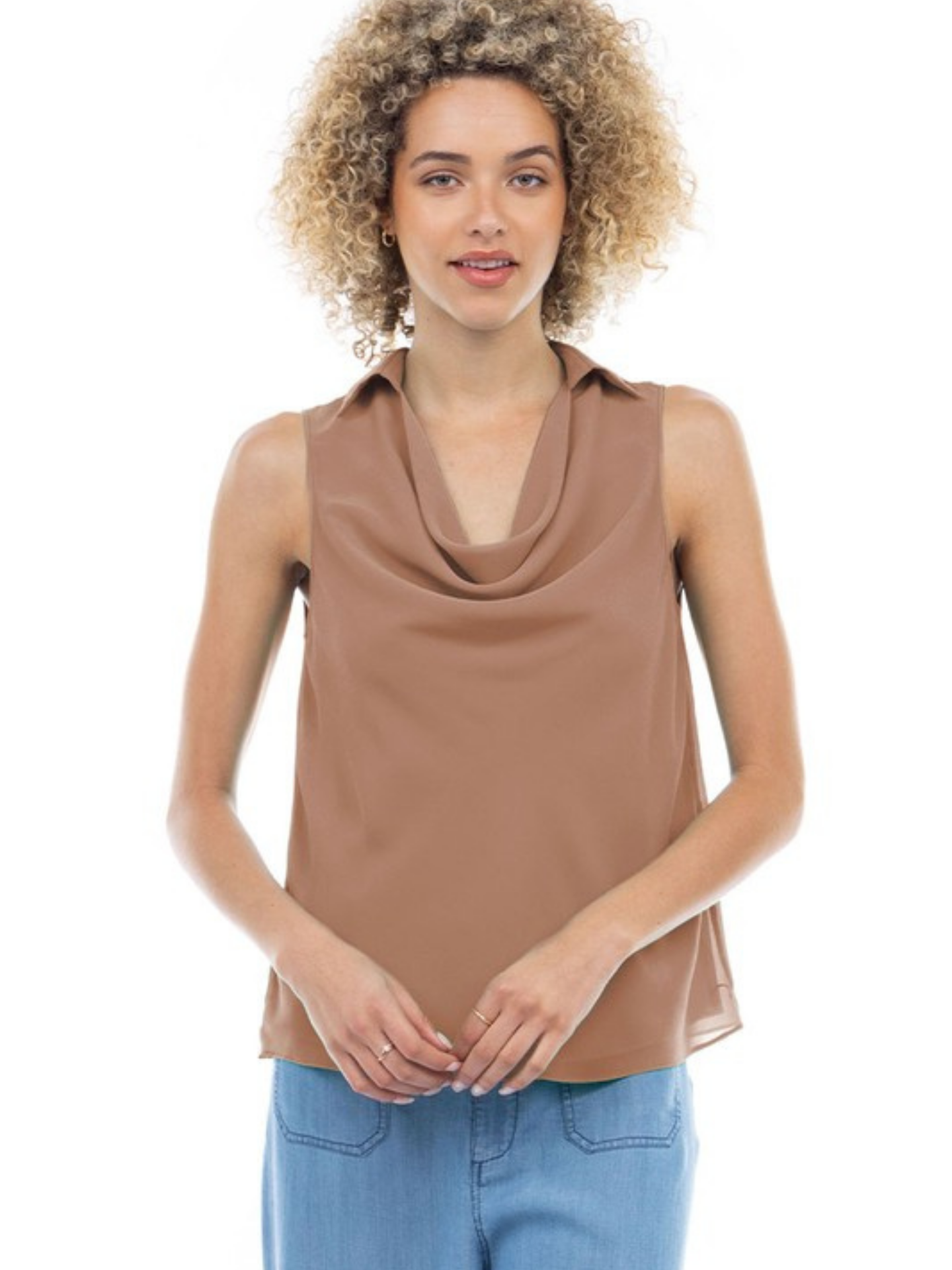 Cowl Neck Sleeveless Collared Blouse
