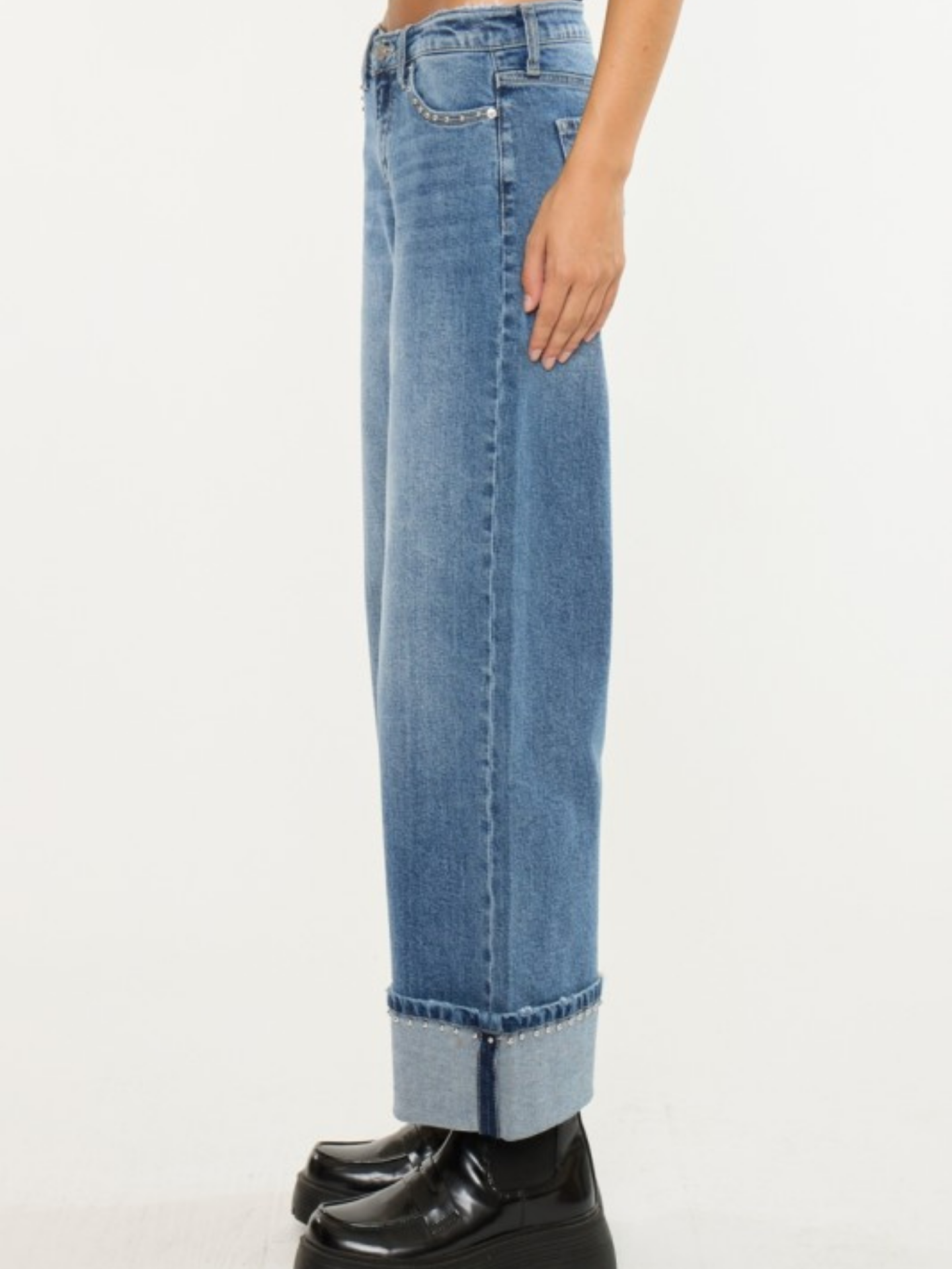 Mid Rise Studded Wide Denim - Mimi & Rae
