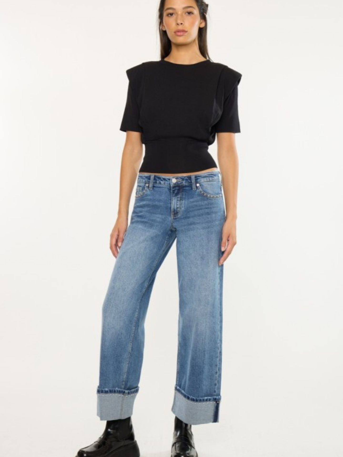 Mid Rise Studded Wide Denim - Mimi & Rae