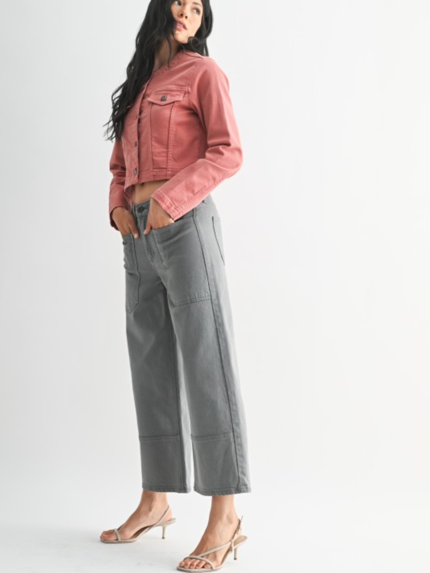 Grey Cropped Wide Denim