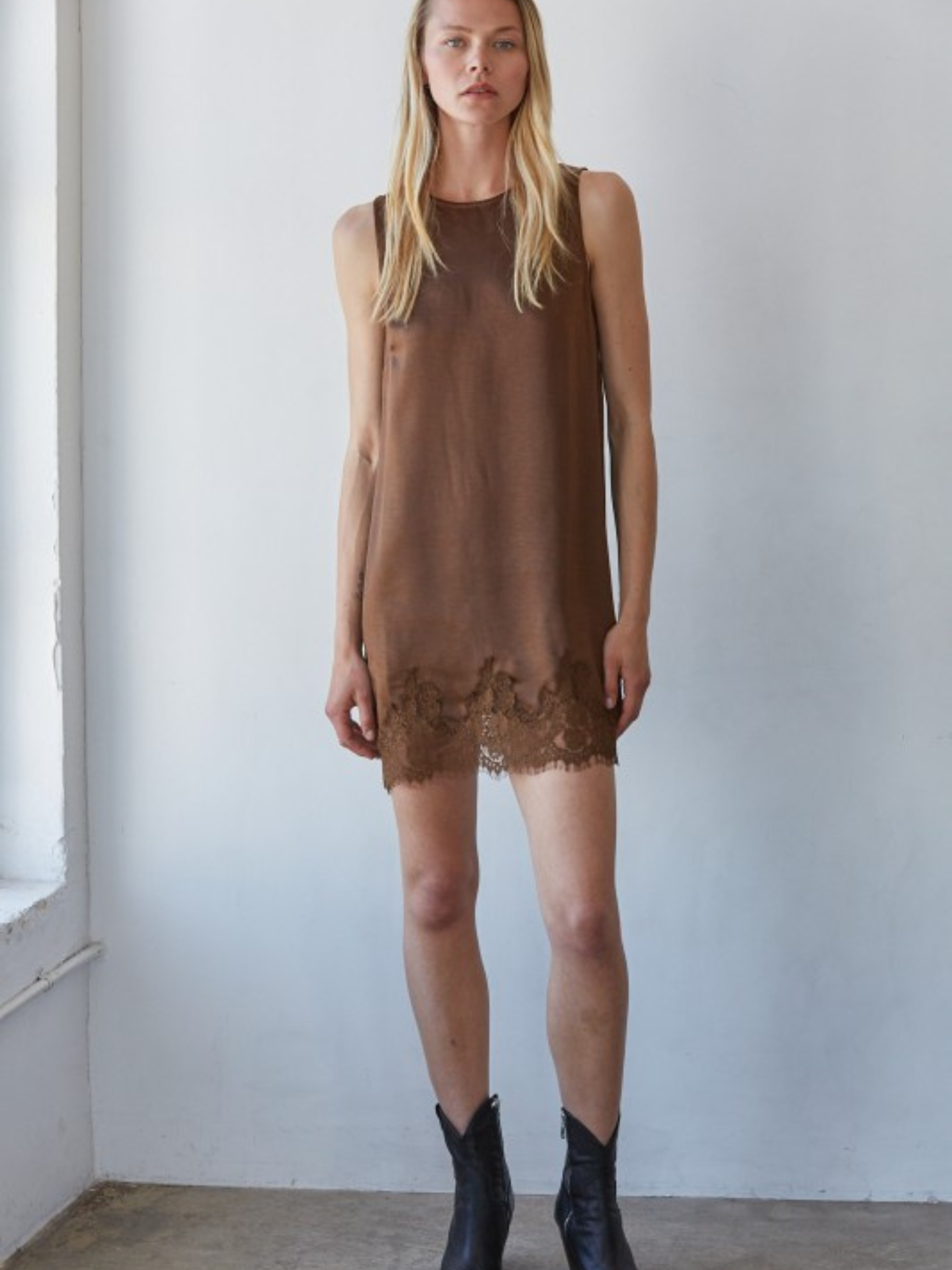Brown Satin Lace Slip Dress