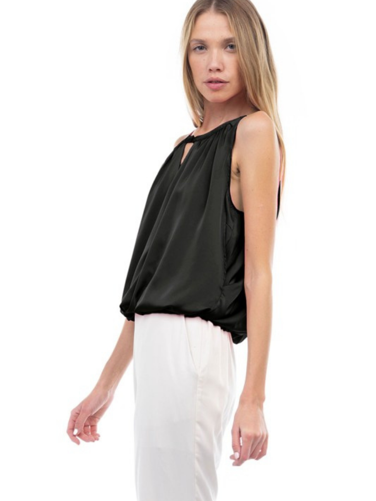 Mimi & Rae halter bubble top in white, featuring a fitted sleeveless design with a gathered, puffed bubble style for a trendy look.