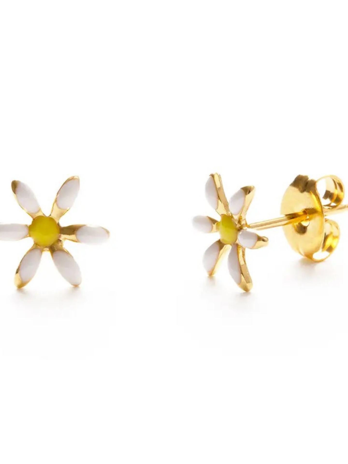 A pair of delicate daisy earrings by Amano Studios featuring gold-tone petals and white floral accents.