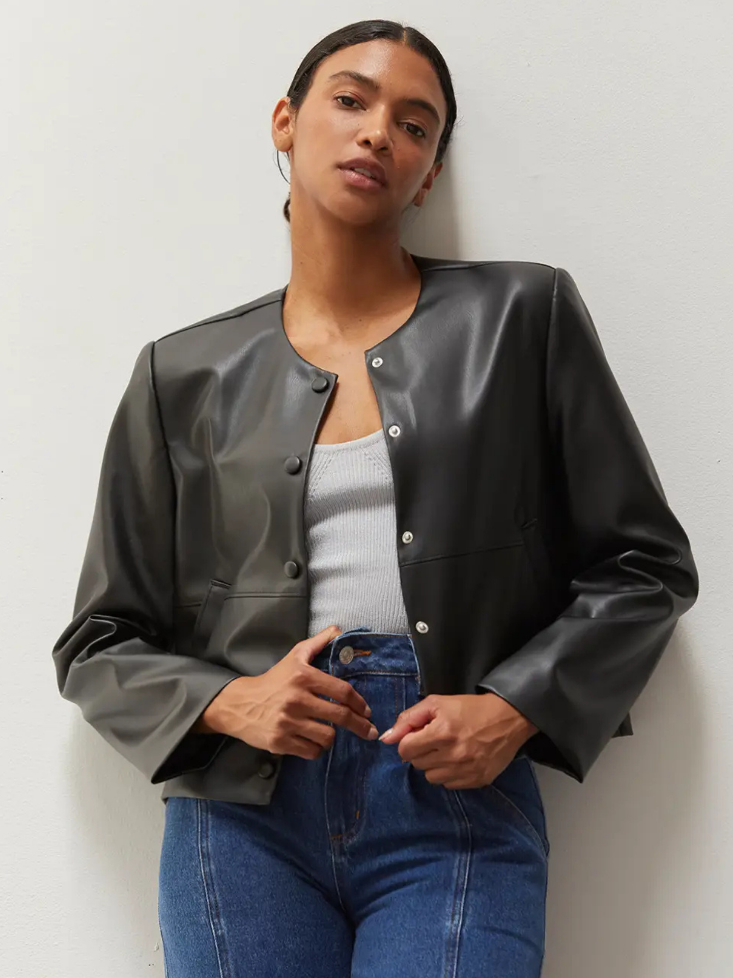 Collarless Leather Jacket